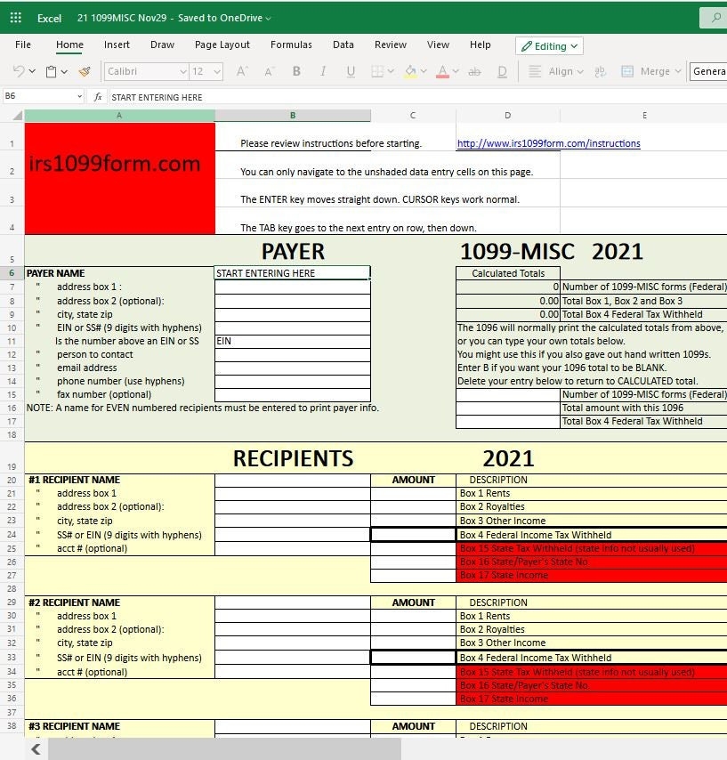 1099 MISC Excel Template For Printing Onto IRS Form updated For 2023 Taxes Etsy