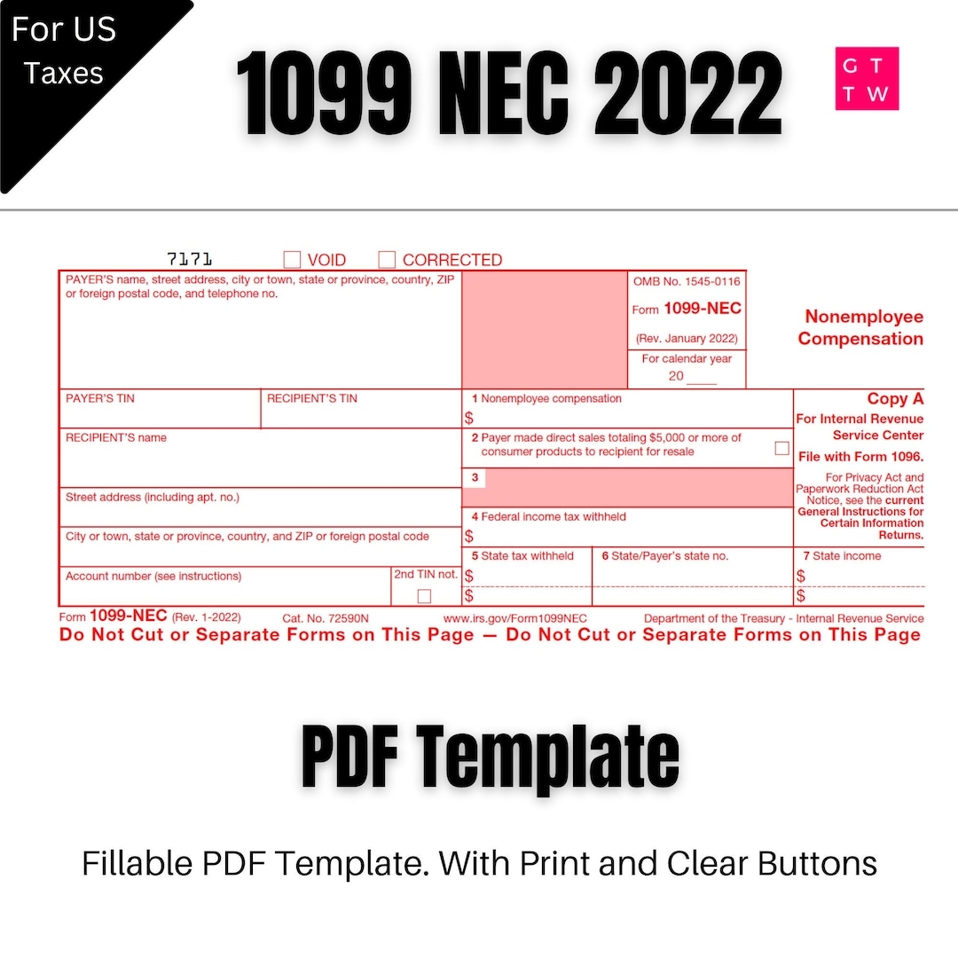 1099 NEC Editable PDF Fillable Template 2022 Prints Up To 30 Pages With Print And Clear Buttons Courier Font Etsy