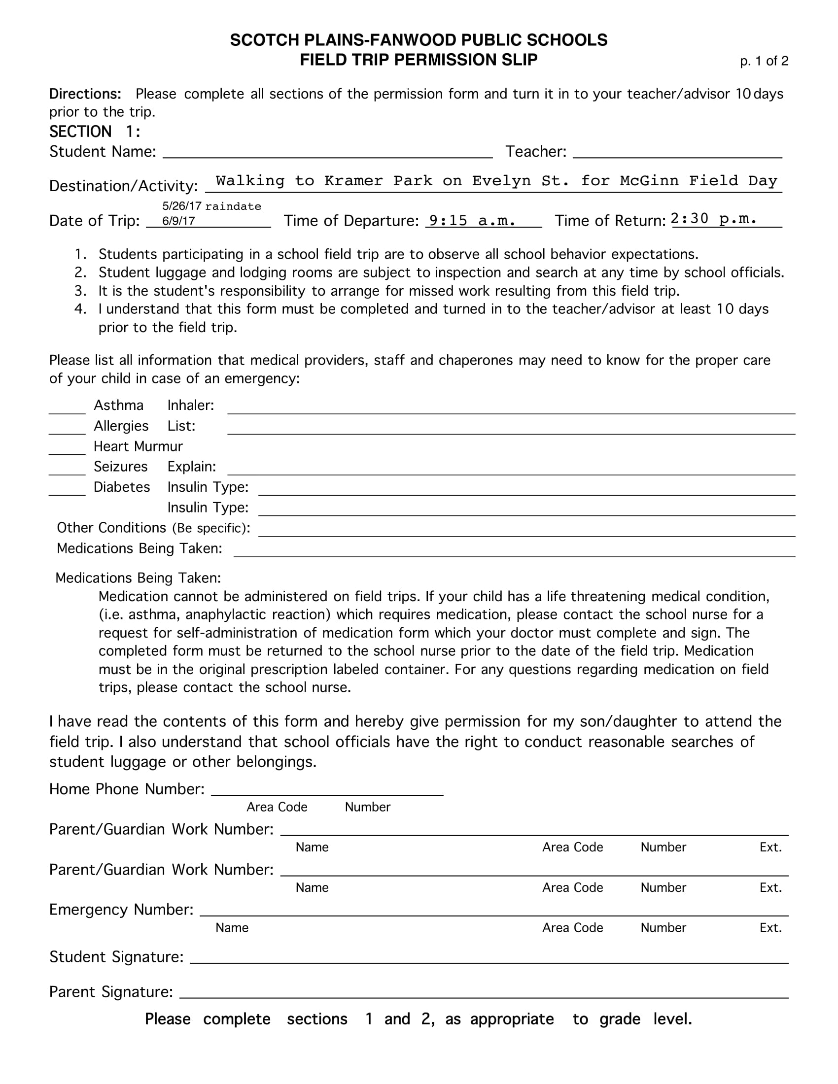 Field Trip Form Template