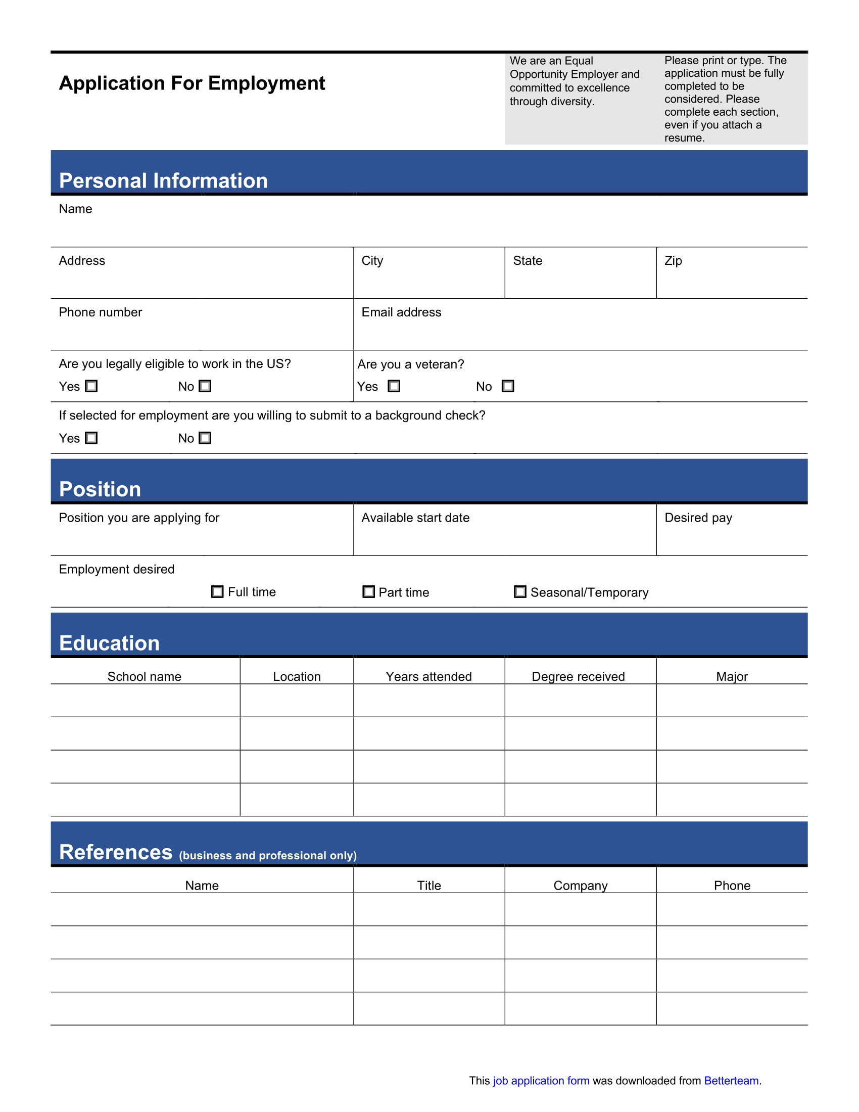 Sample Employment Application Form Template