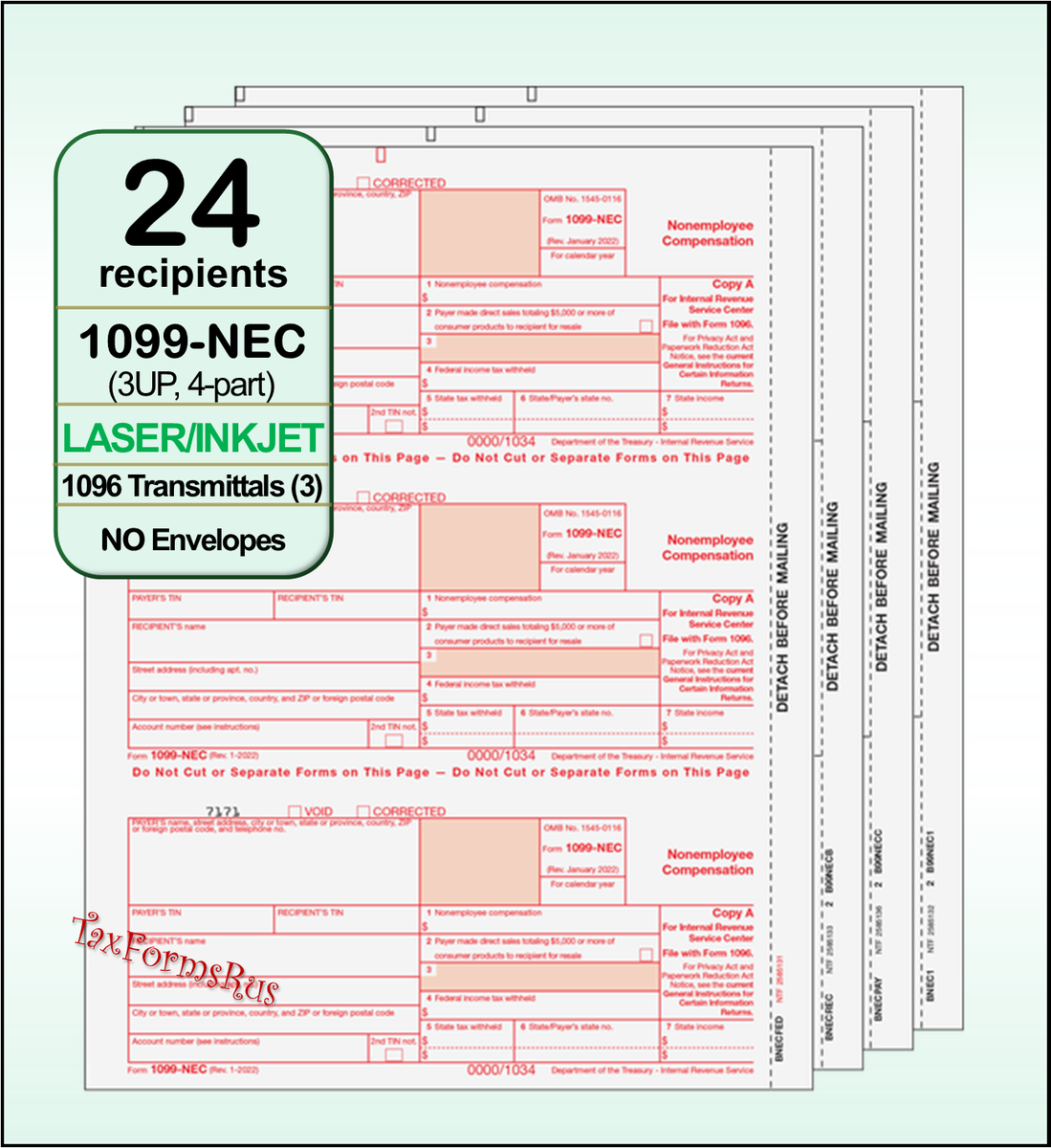 2022 IRS Tax Form 1099 NEC Laser 24 Recipients 3 1096 NECS405 3UP 4pt NO Env EBay