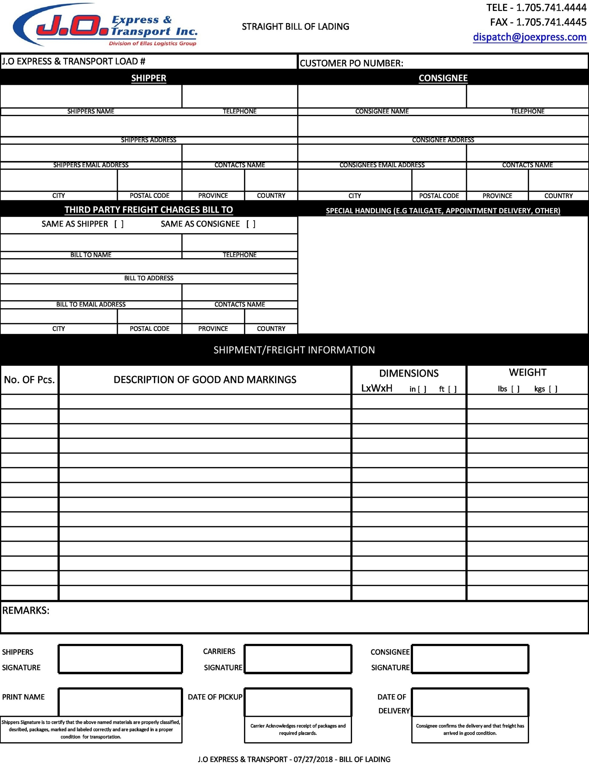 Bill Of Lading Form Template