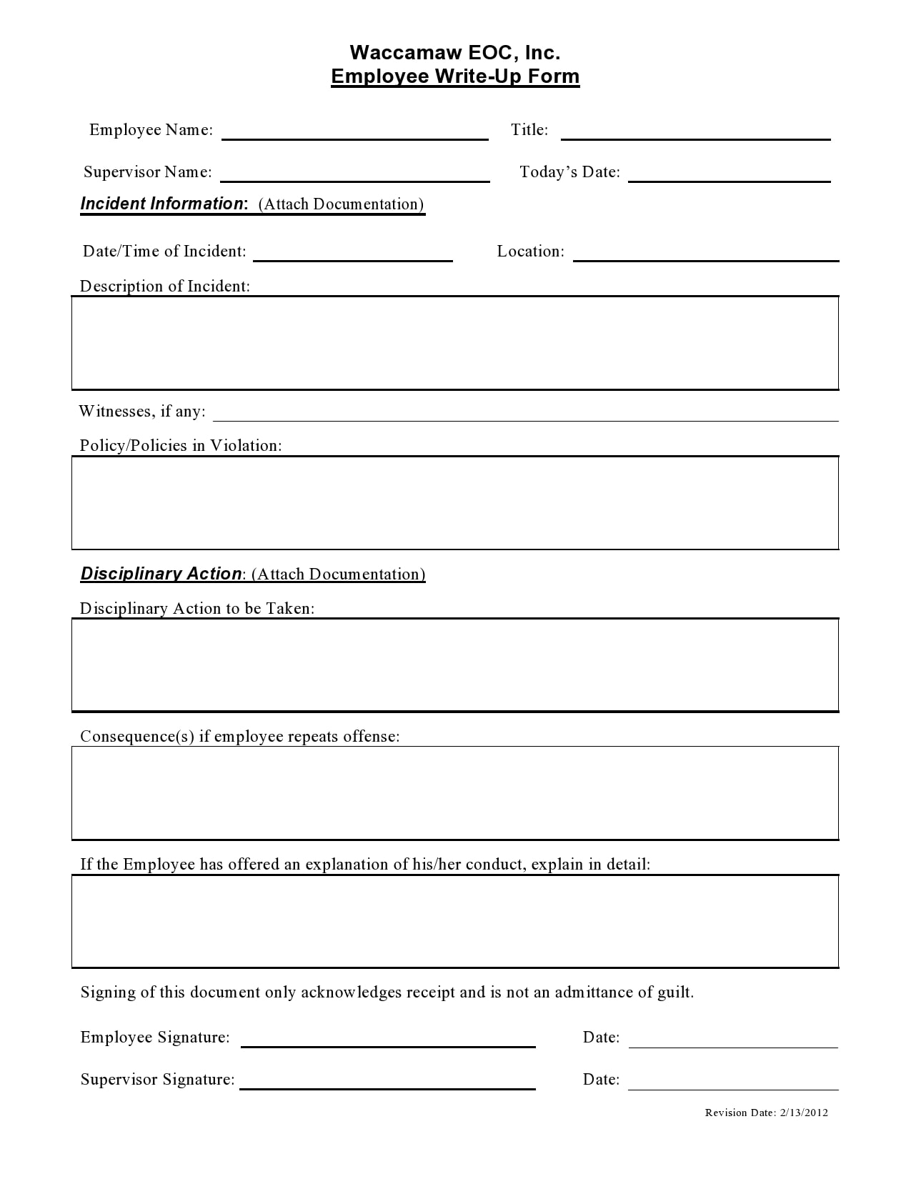 Employee Write Up Form Template