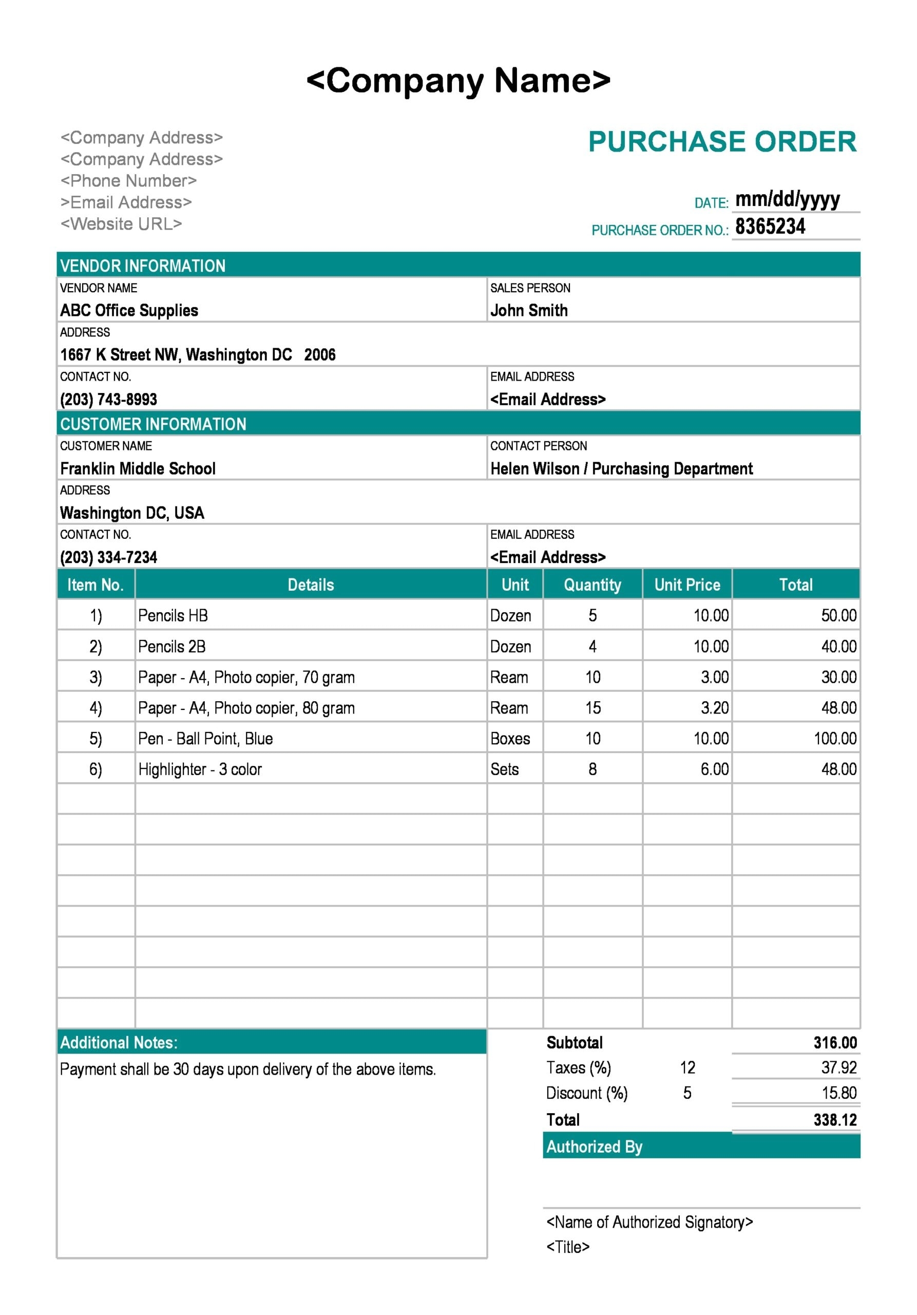 Purchase Order Form Template Pdf