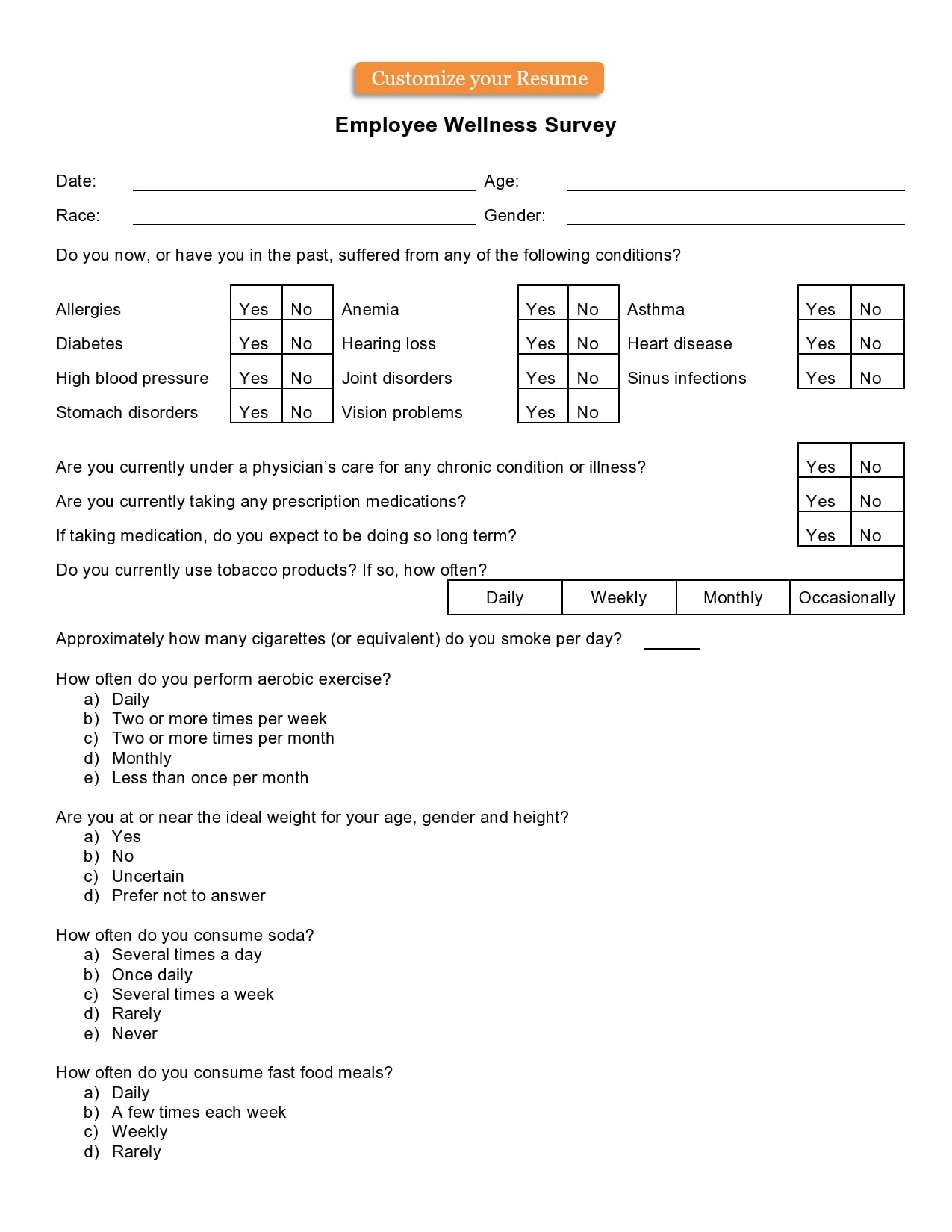 Survey Form Template Word