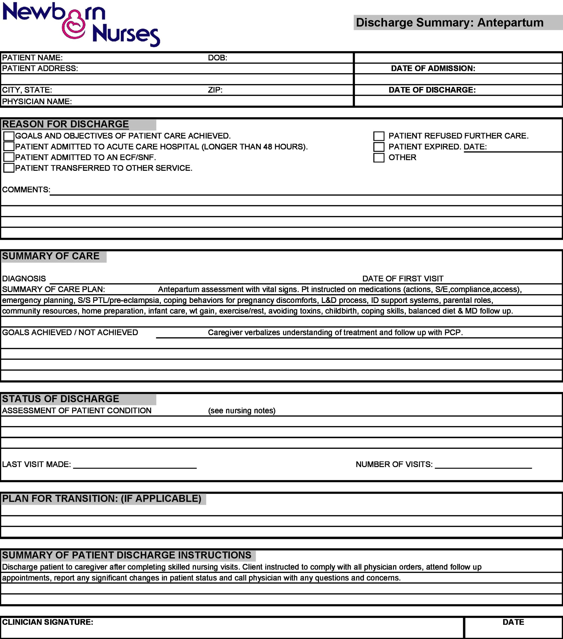 Discharge Summaries Hospital Discharge Forms Template