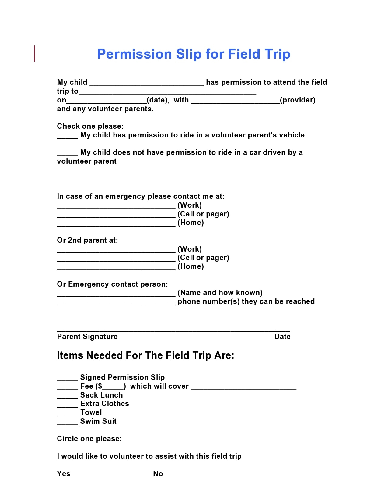 Parent Permission Form Template