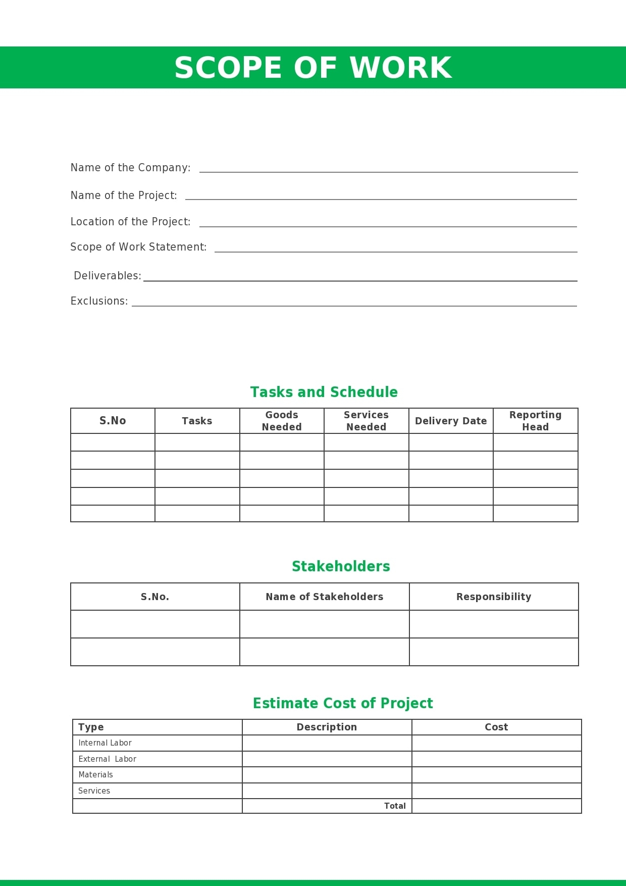Scope Of Work Form Template