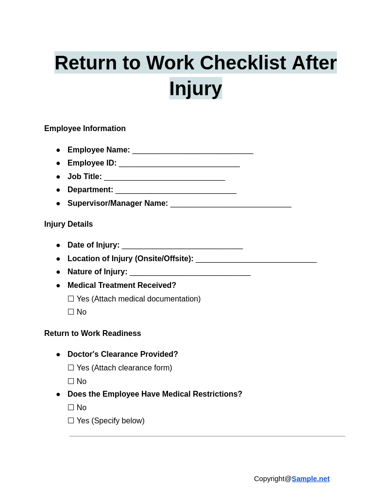 Return To Work Form Template