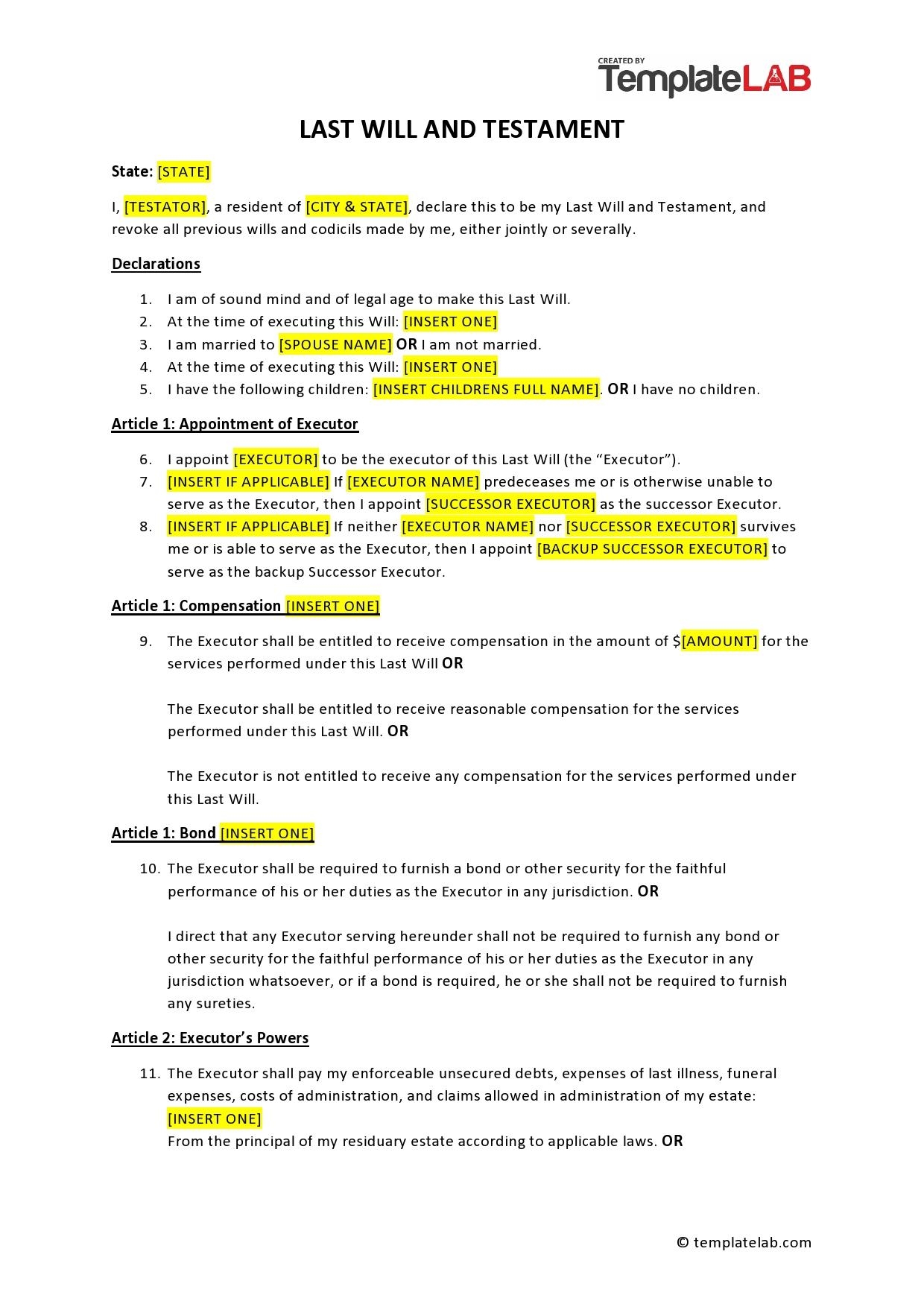 Free Last Will And Testament Form Template
