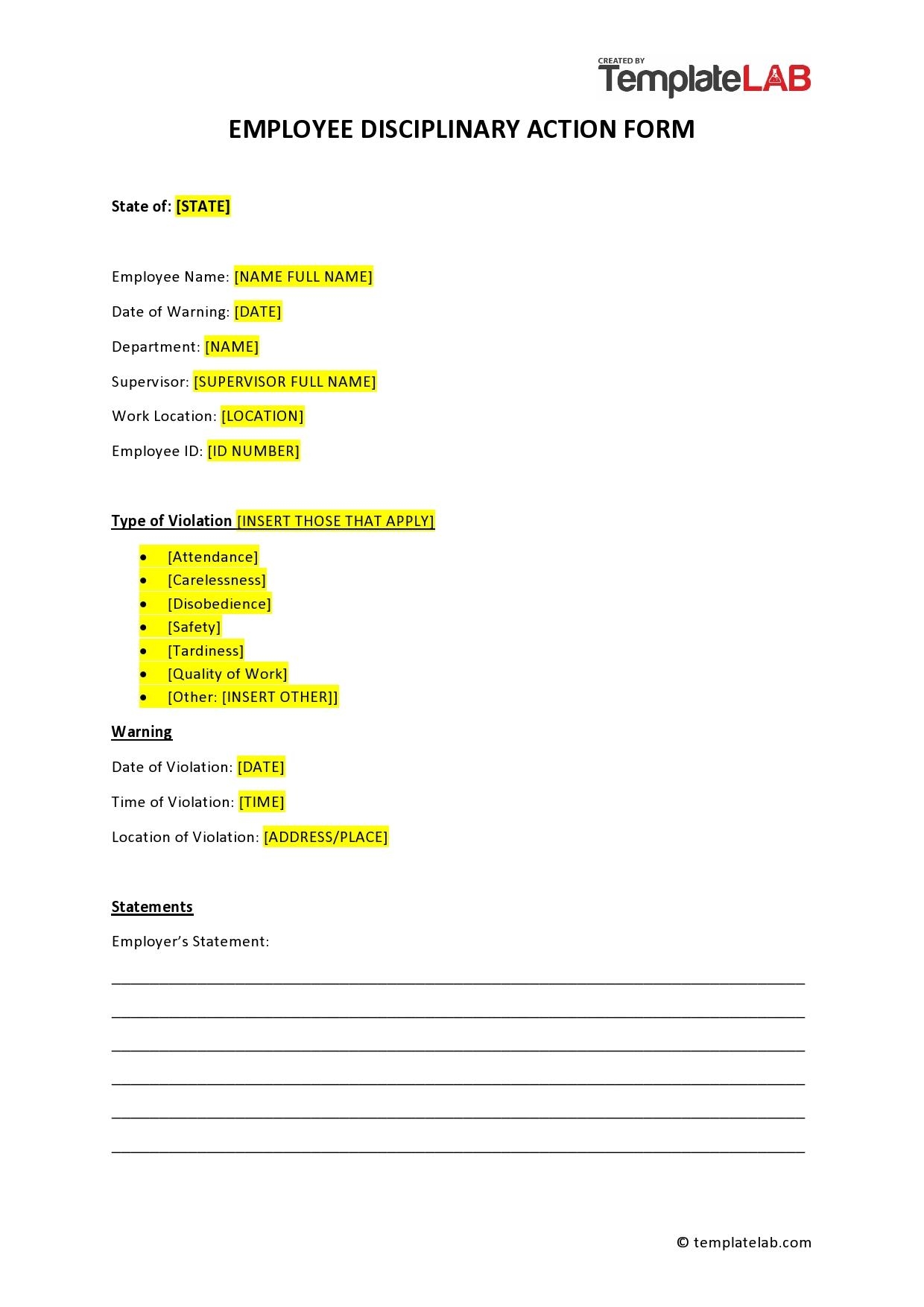 Disciplinary Action Form Template Word