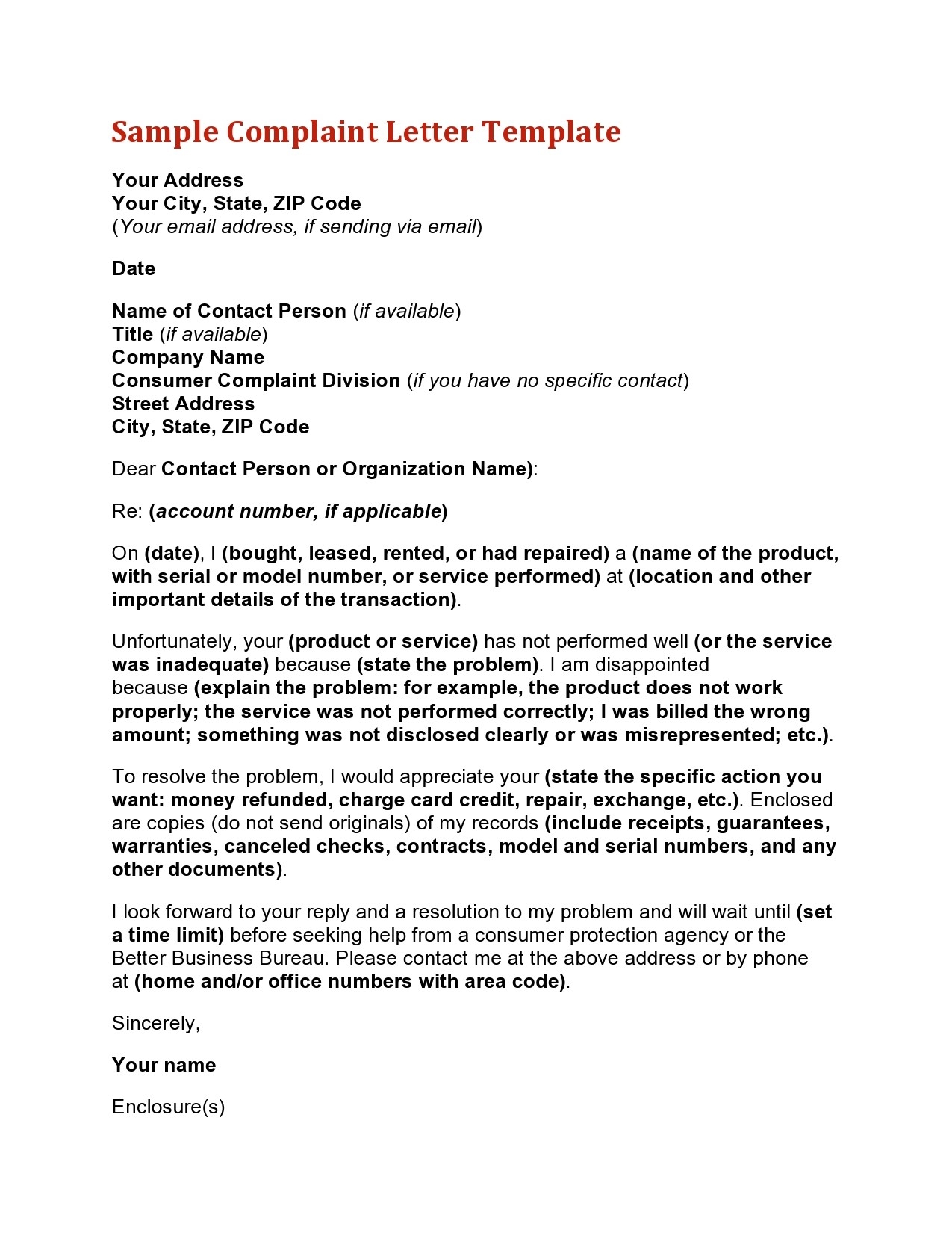 Consumer Complaint Form Template