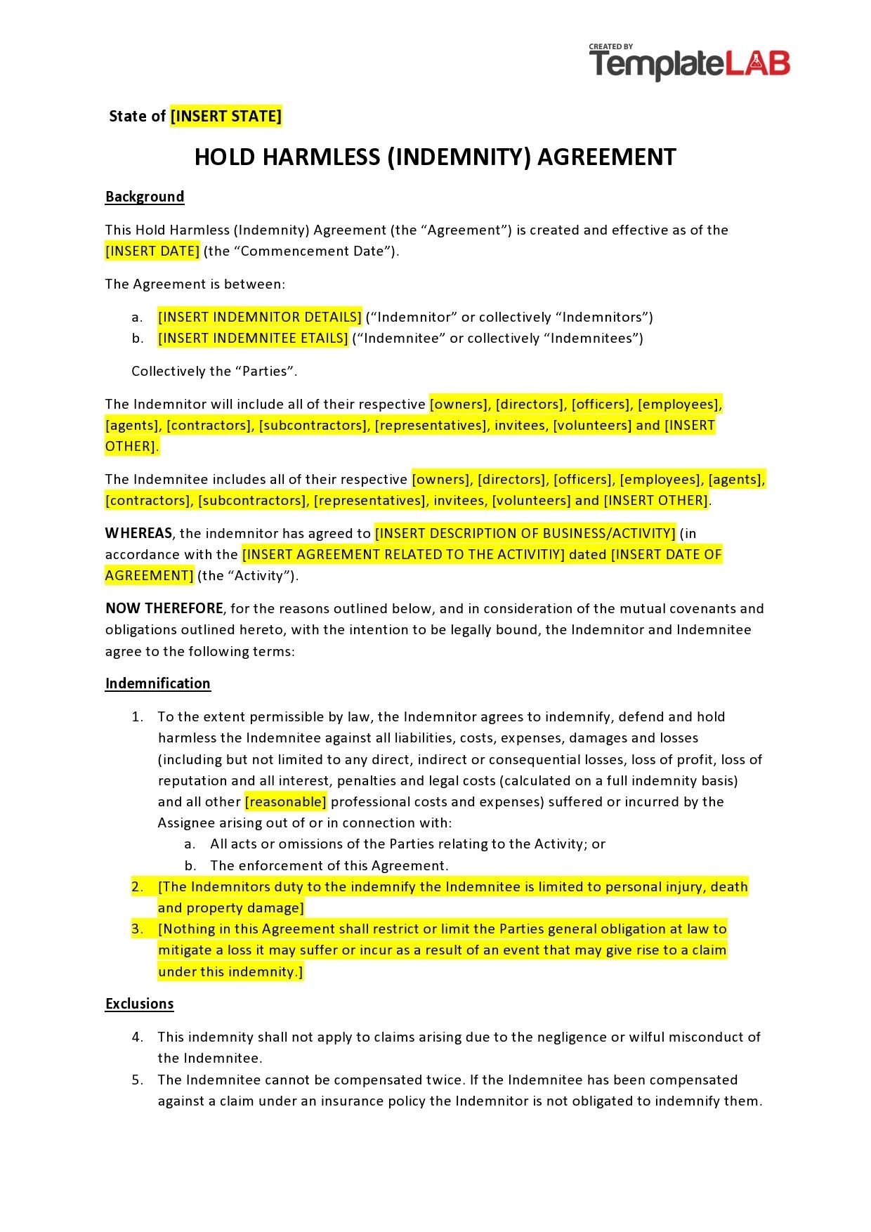 Hold Harmless Form Template