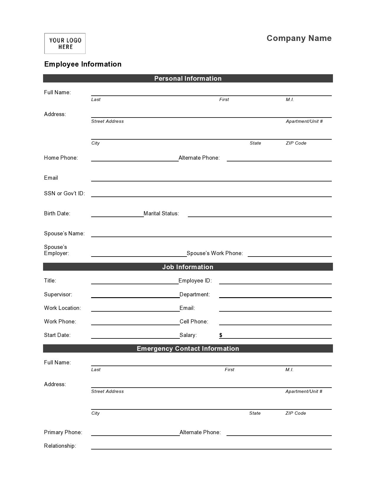 Personal Information Form Template Word