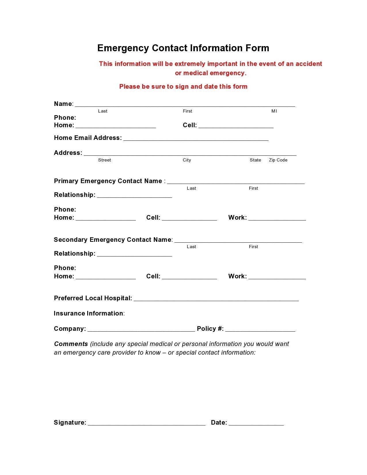42 Printable Emergency Contact Forms 100 Free 