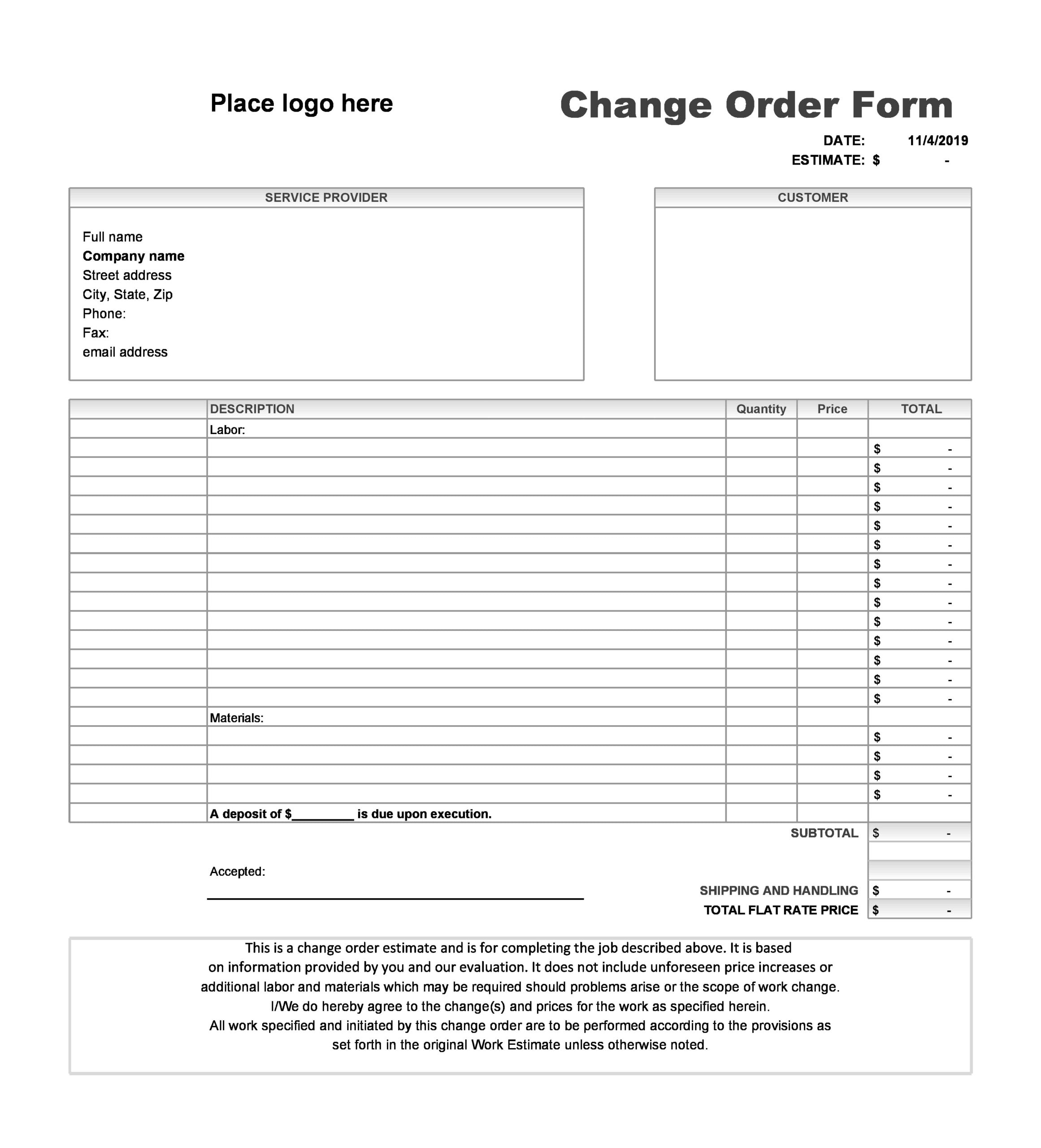 Change Order Form Template Word