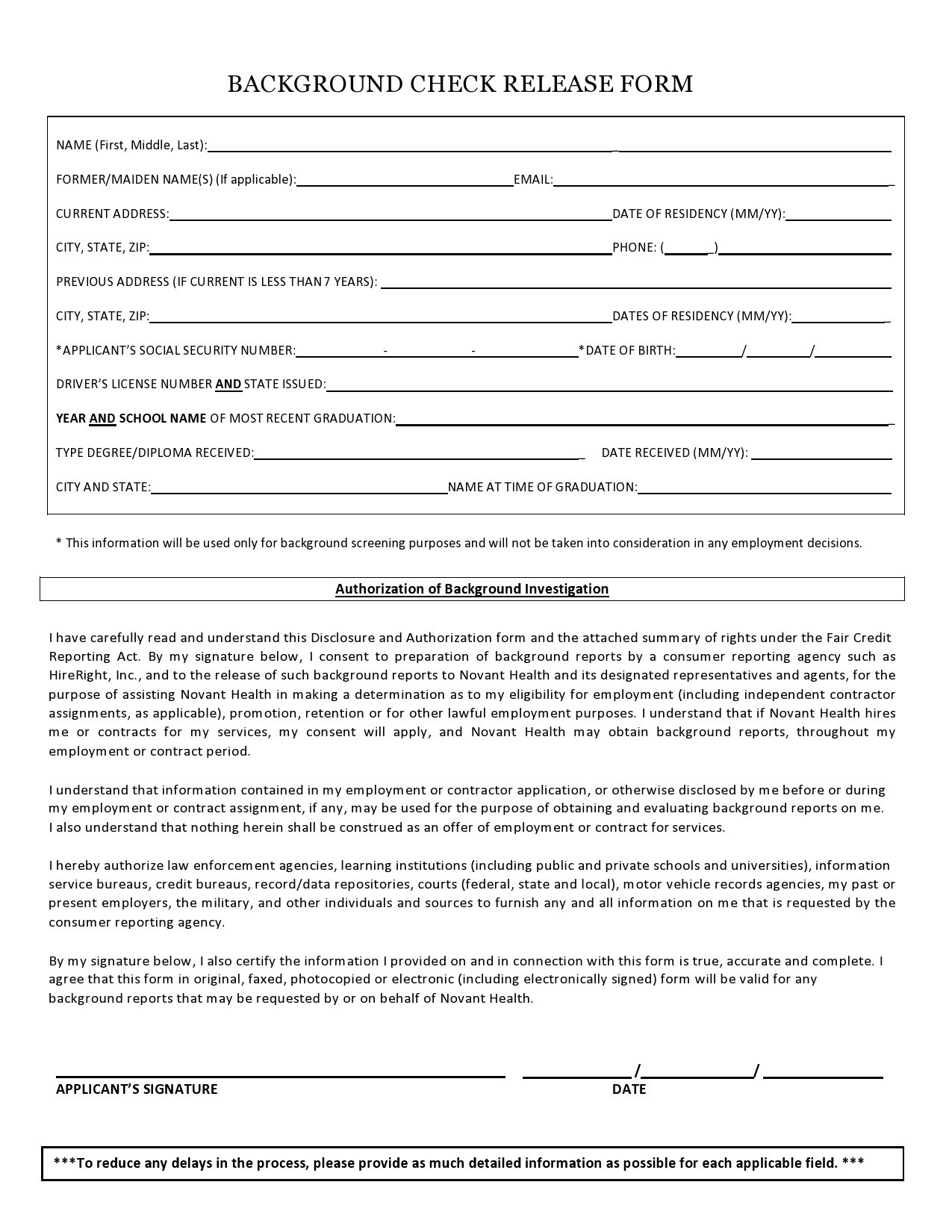 Background Authorization Form Template