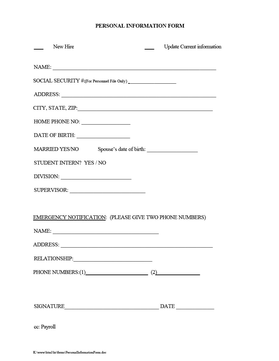 Employee Information Form Template Word