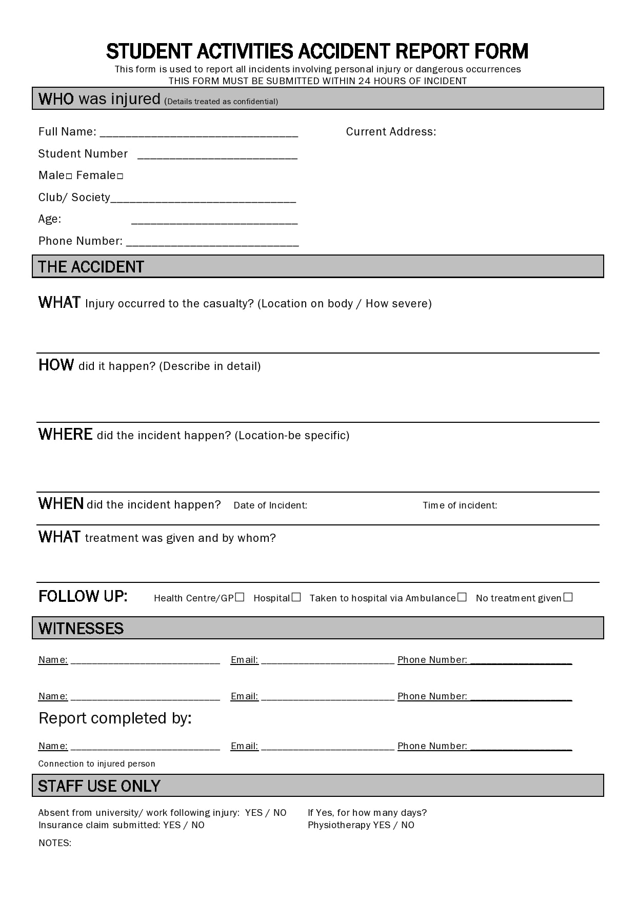 Auto Accident Report Form Template