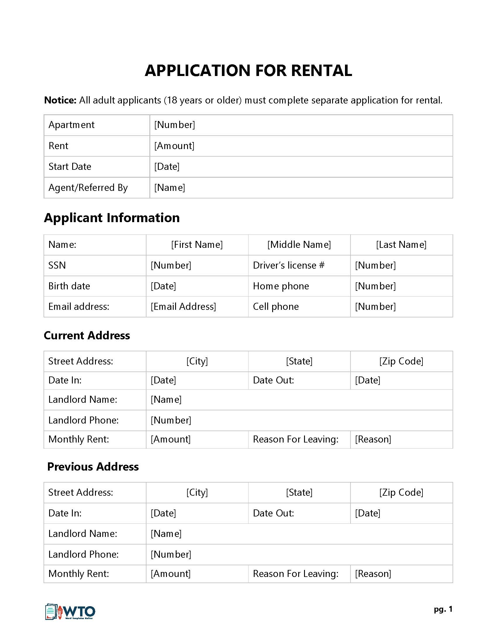 Rental Application Form Template