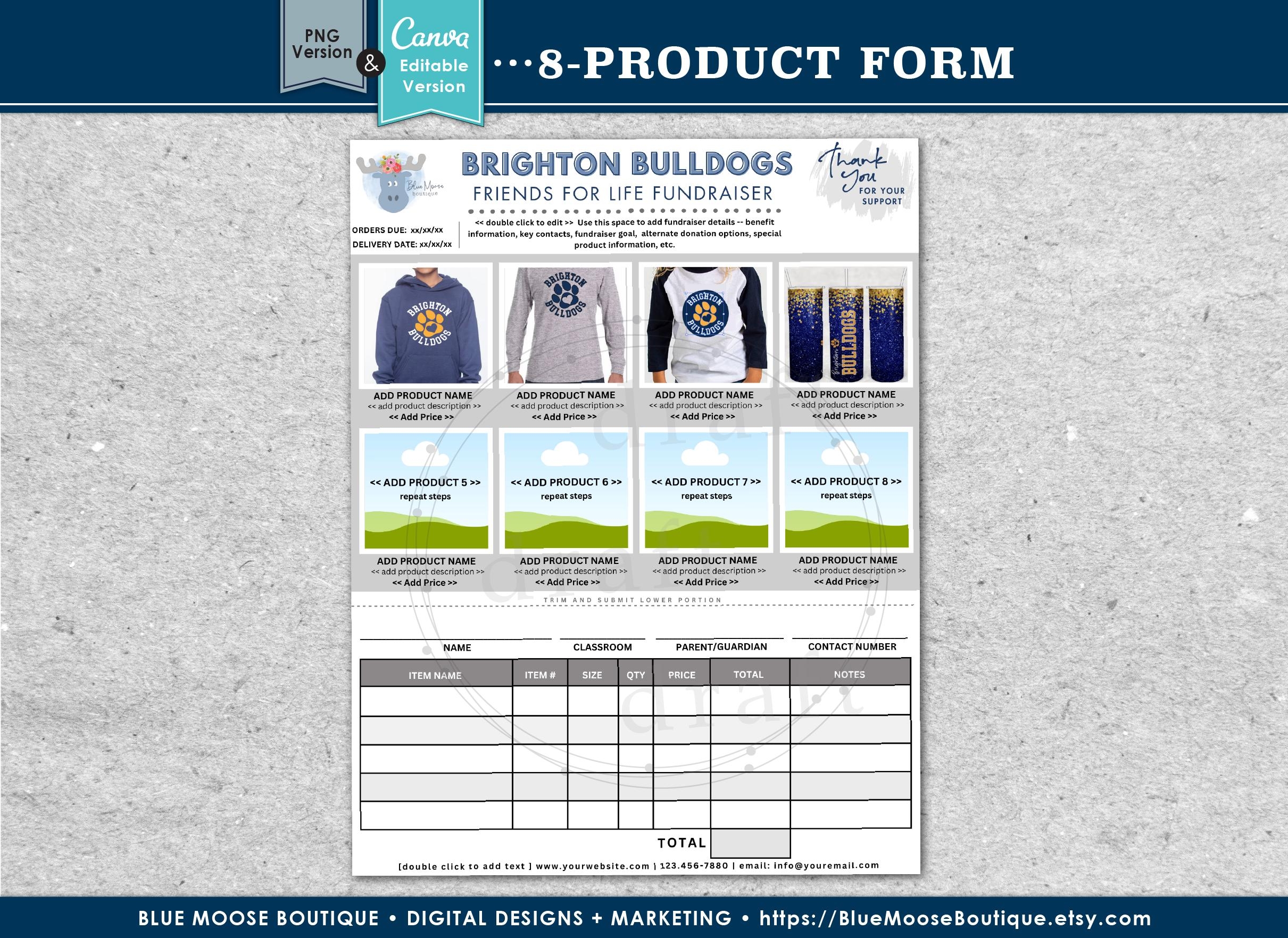 8 PRODUCT Fundraiser Order Form Designs DIY 8 up Canva 