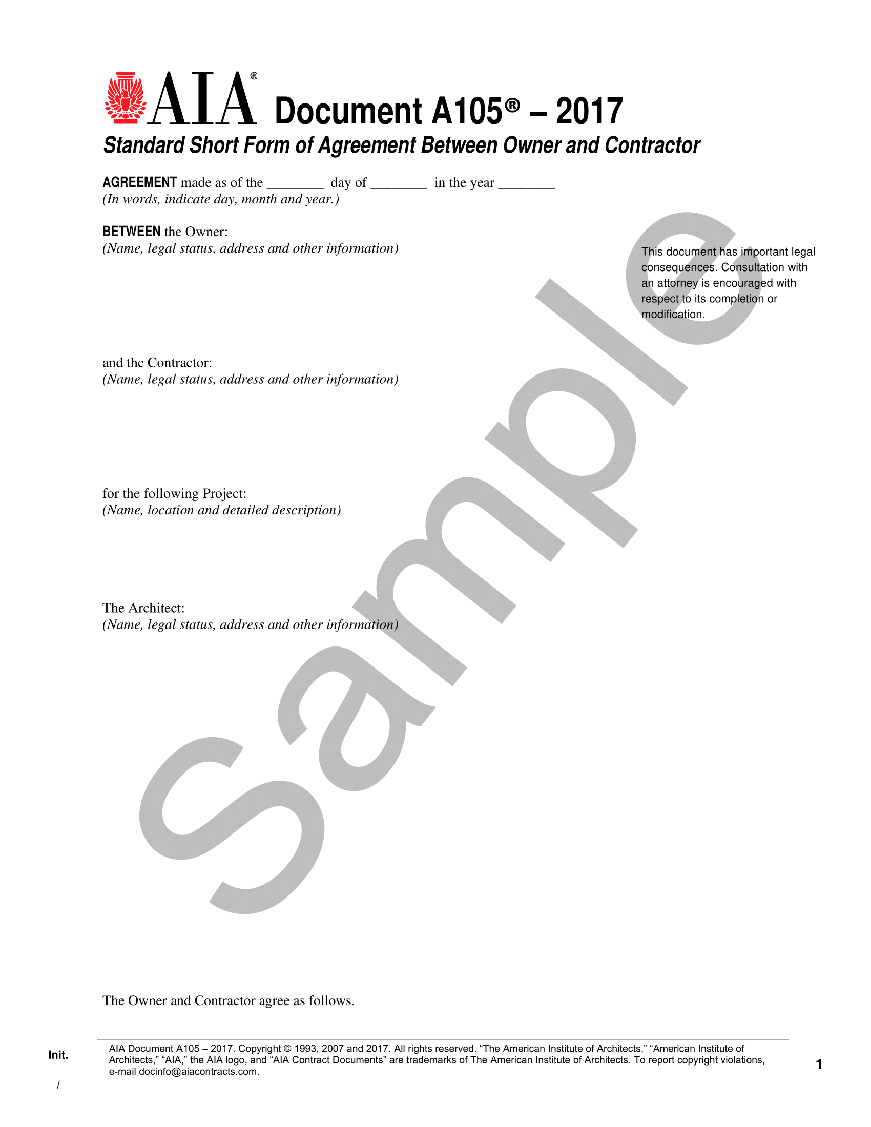 A105 2017 Owner Contractor Agreement Small Projects Edition
