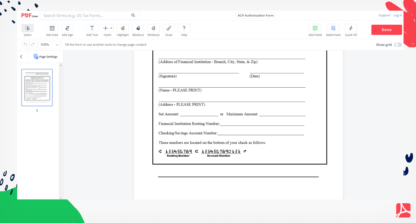 Printable Blank Ach Authorization Form Template