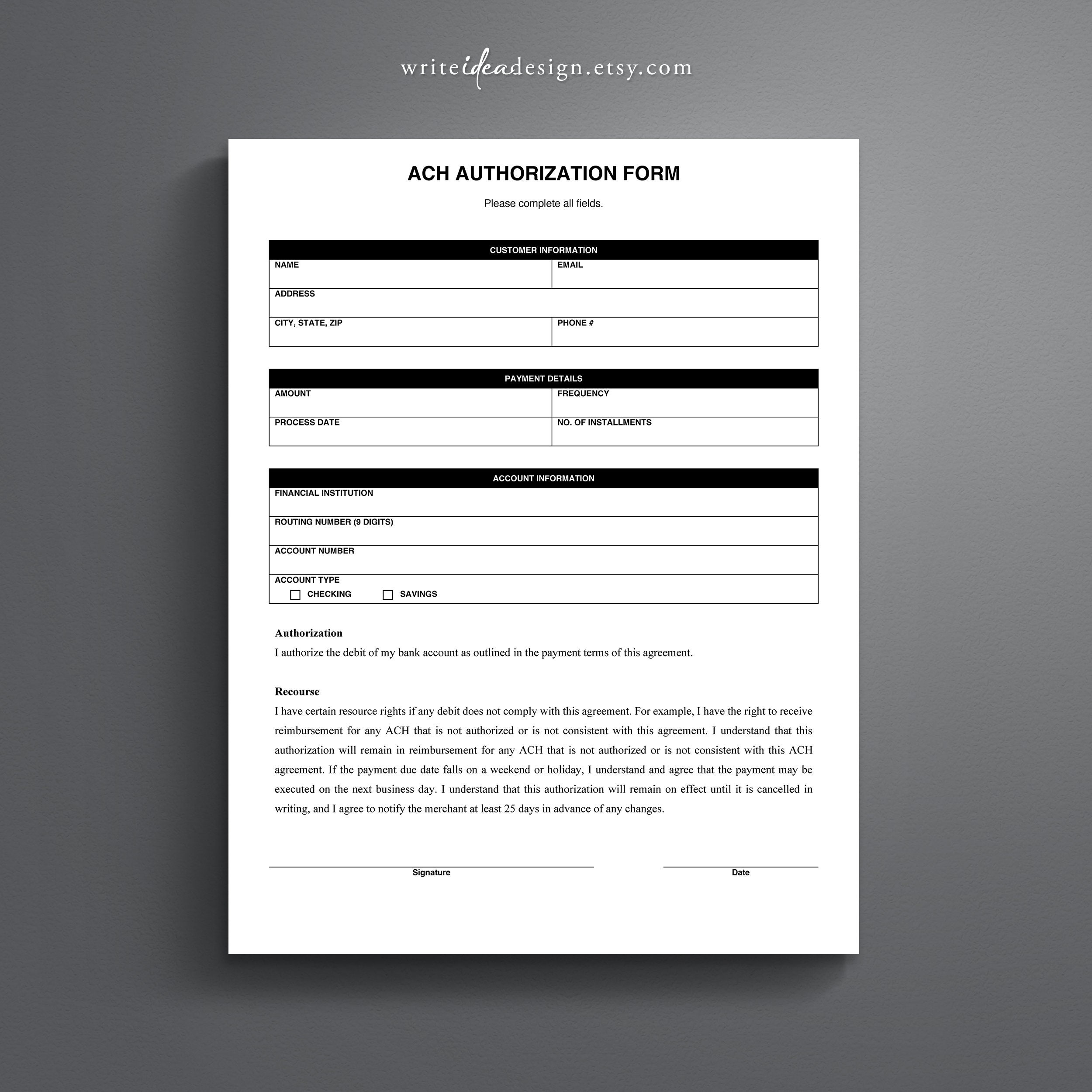 ACH Authorization Form Template Debit Authorization For Payment Microsoft Word Google Docs Printable PDF Etsy UK