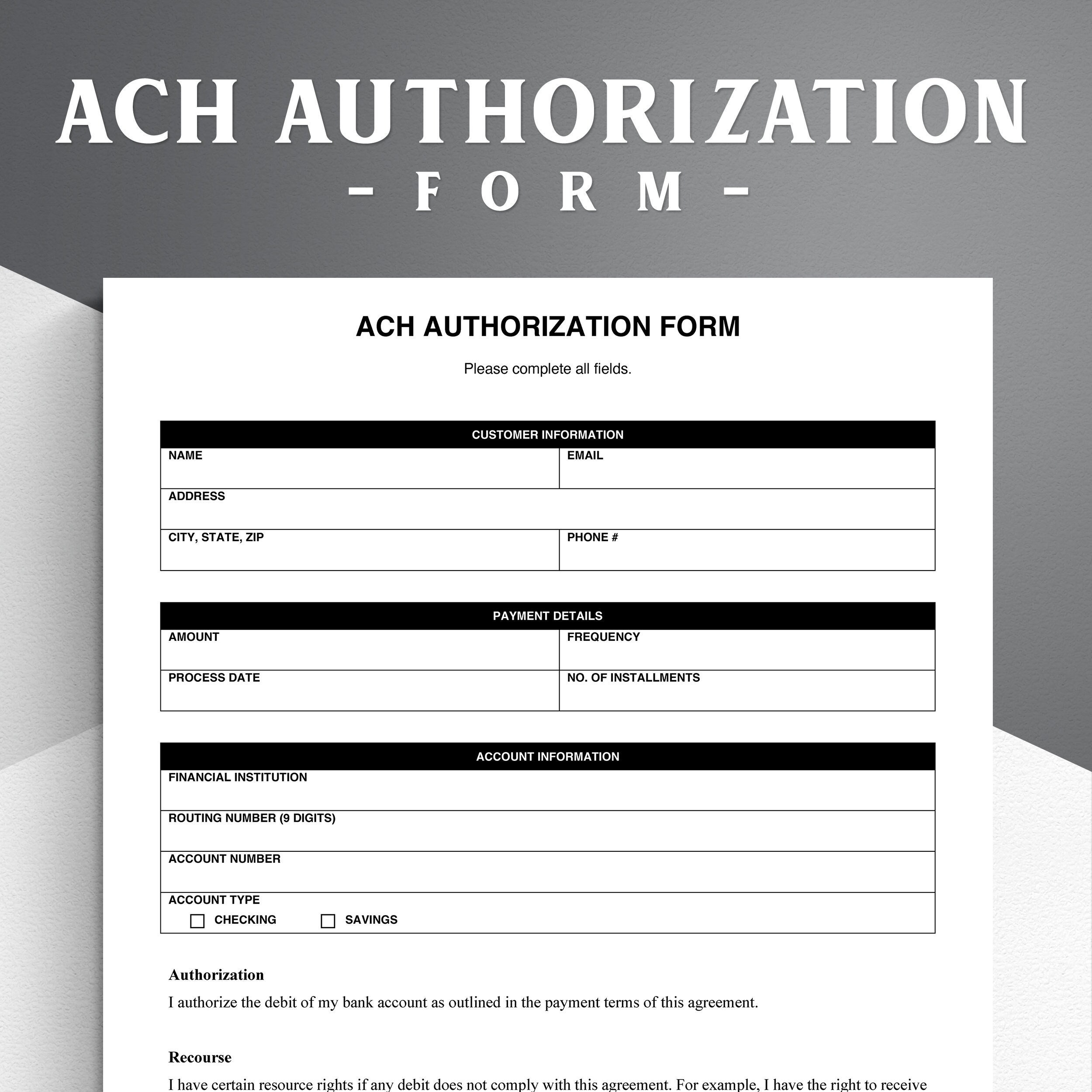 ACH Authorization Form Template Debit Authorization For Payment Microsoft Word Google Docs Printable PDF Etsy