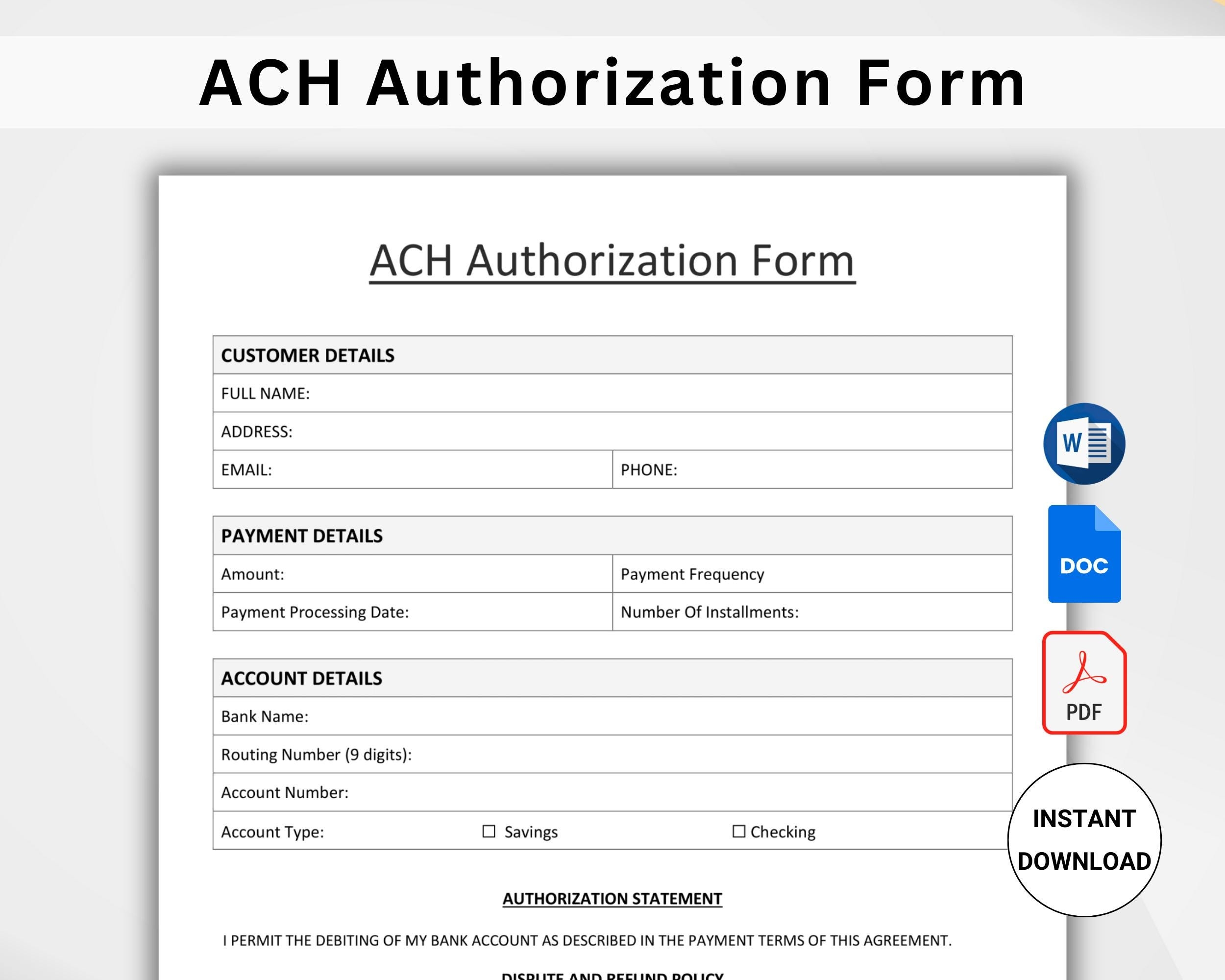 ACH Authorization Form Template Editable Debit Authorization For Payment ACH Payment Template ACH Debit Form Printable Word google Docs Etsy