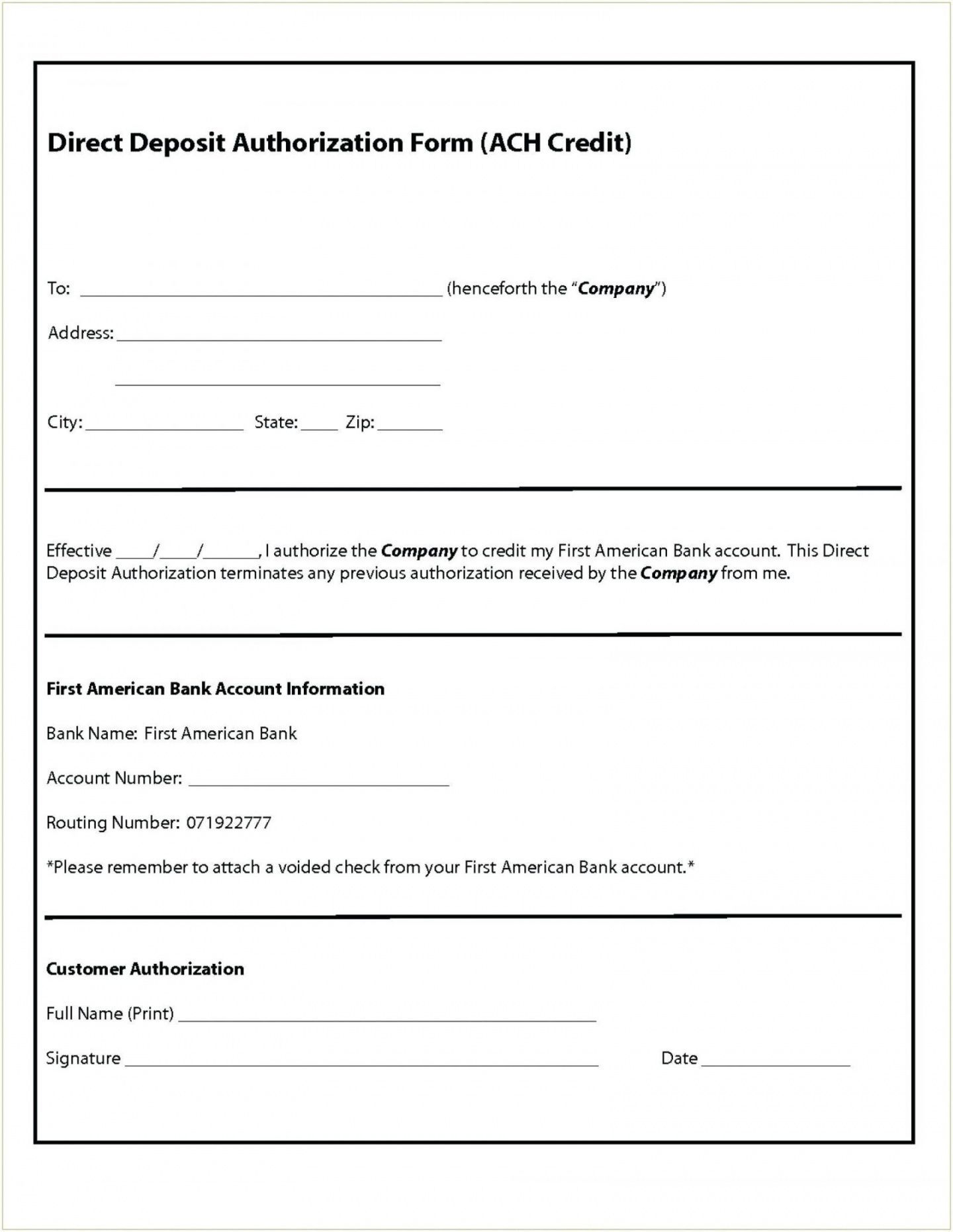 Printable Ach Form Template