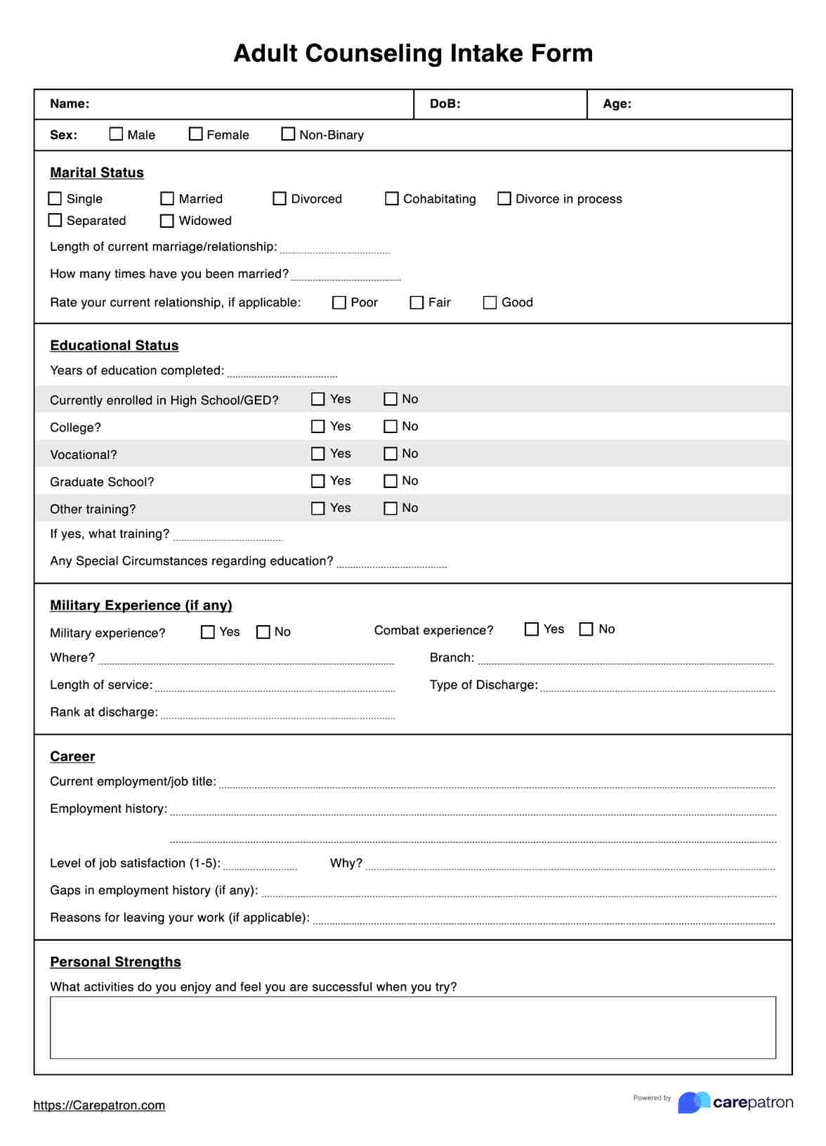 Adult Counseling Intake Form U0026 Example Free PDF Download