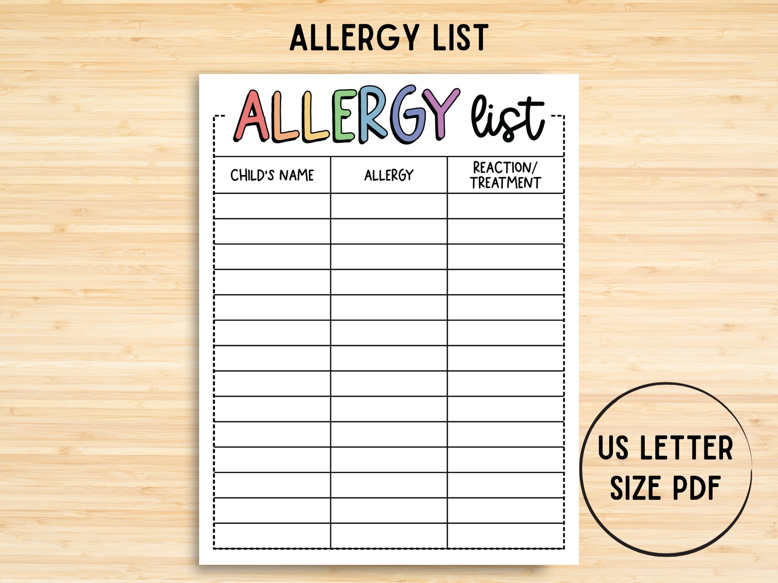 Allergy List Form Child Allergy Form Daycare Printable Daycare Office Sheet Mothers Day Out Printables Home Daycare VBS Preschools Etsy