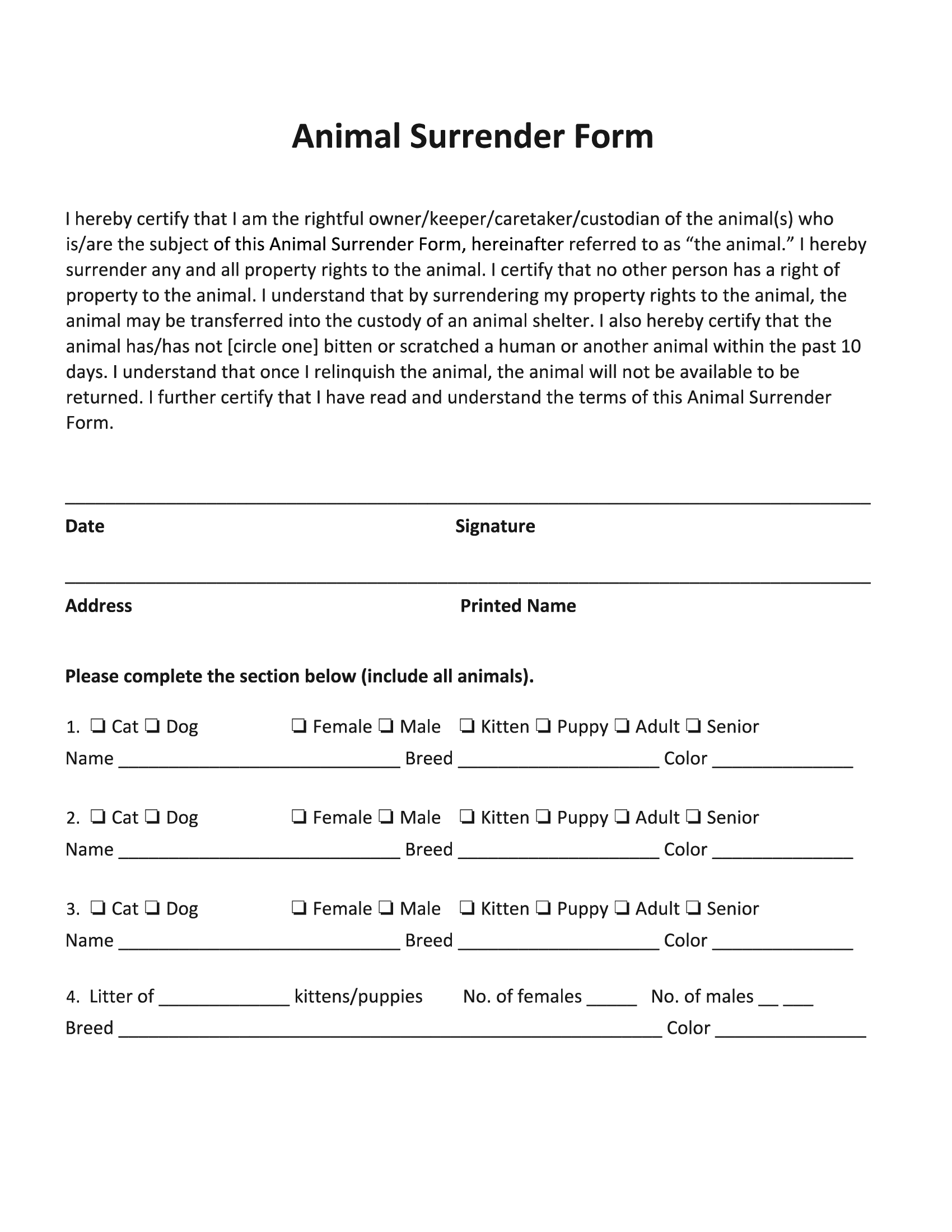 Animal Surrender Form Template