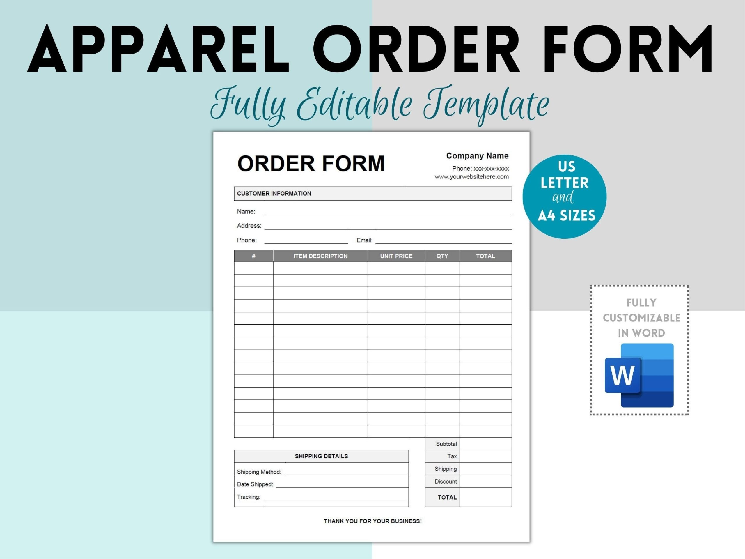 Apparel Order Form Editable Clothing Order Form T Shirt Order 