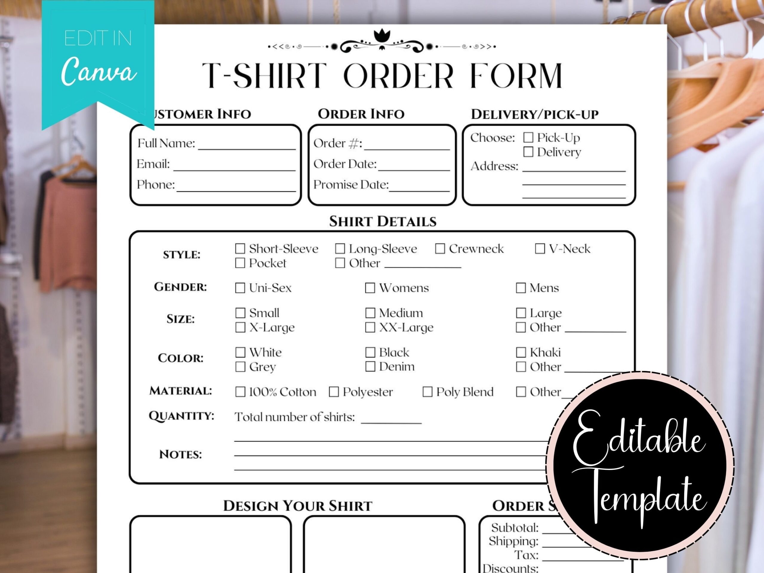 Apparel Order Form Editable Clothing Order Form T Shirt Order Form Printable New Shirt Order Template Canva Templates For Businesses Etsy