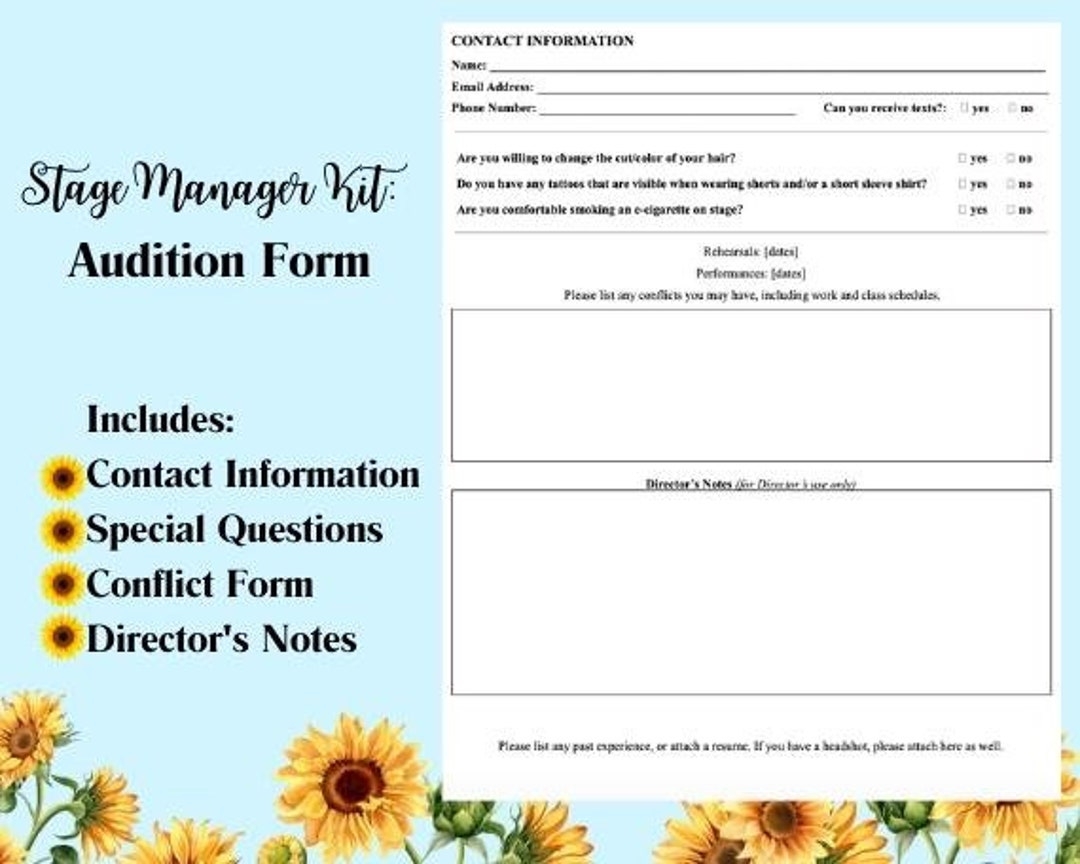 Audition Form Template Digital Download Stage Manager Kit 