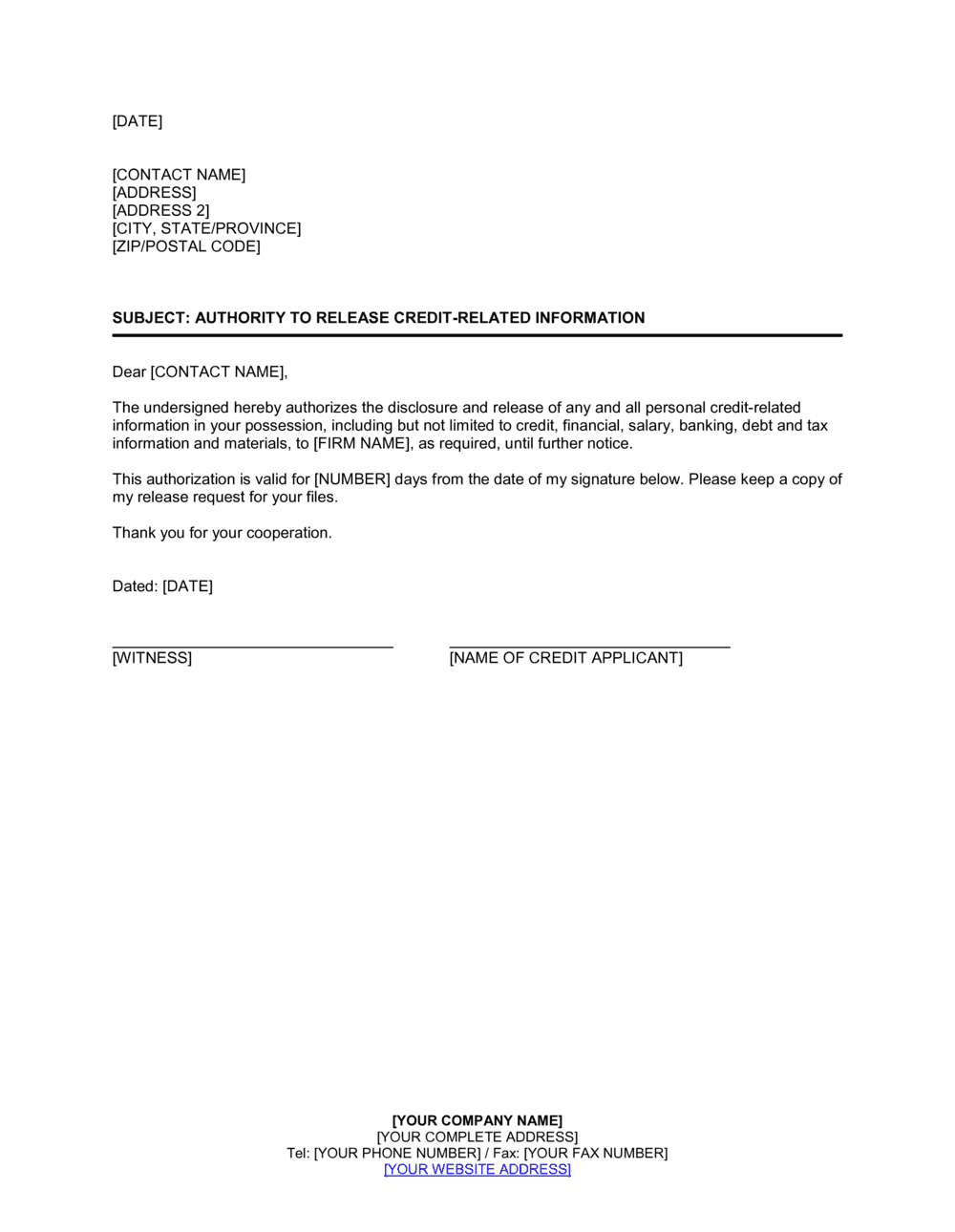 Authority To Release Credit Information Template