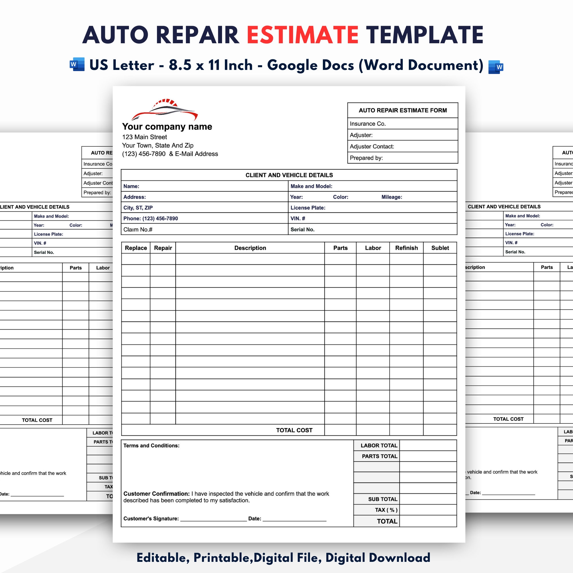 Auto Repair Estimate Template Auto Service Quotation Form Etsy