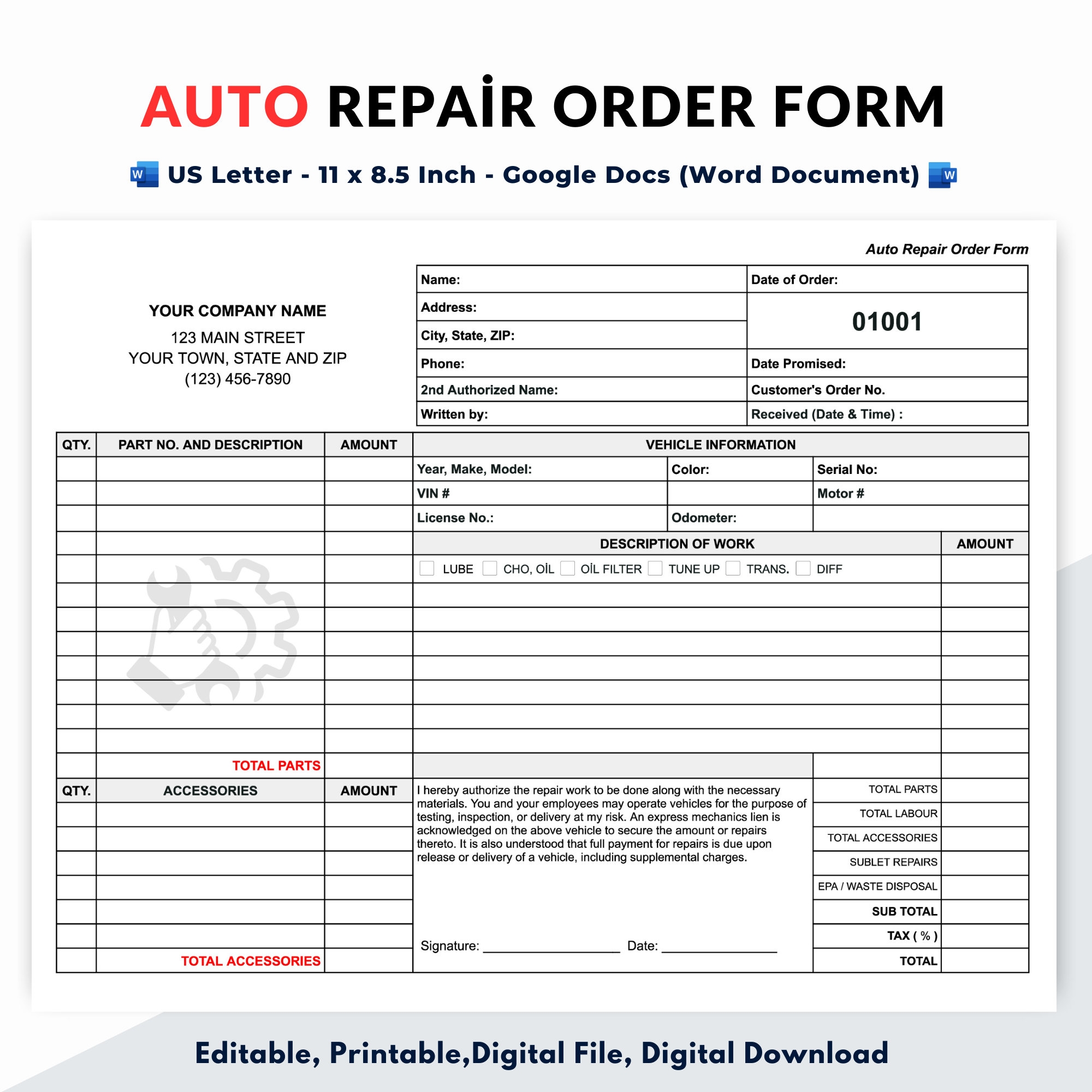 Car Service Form Template