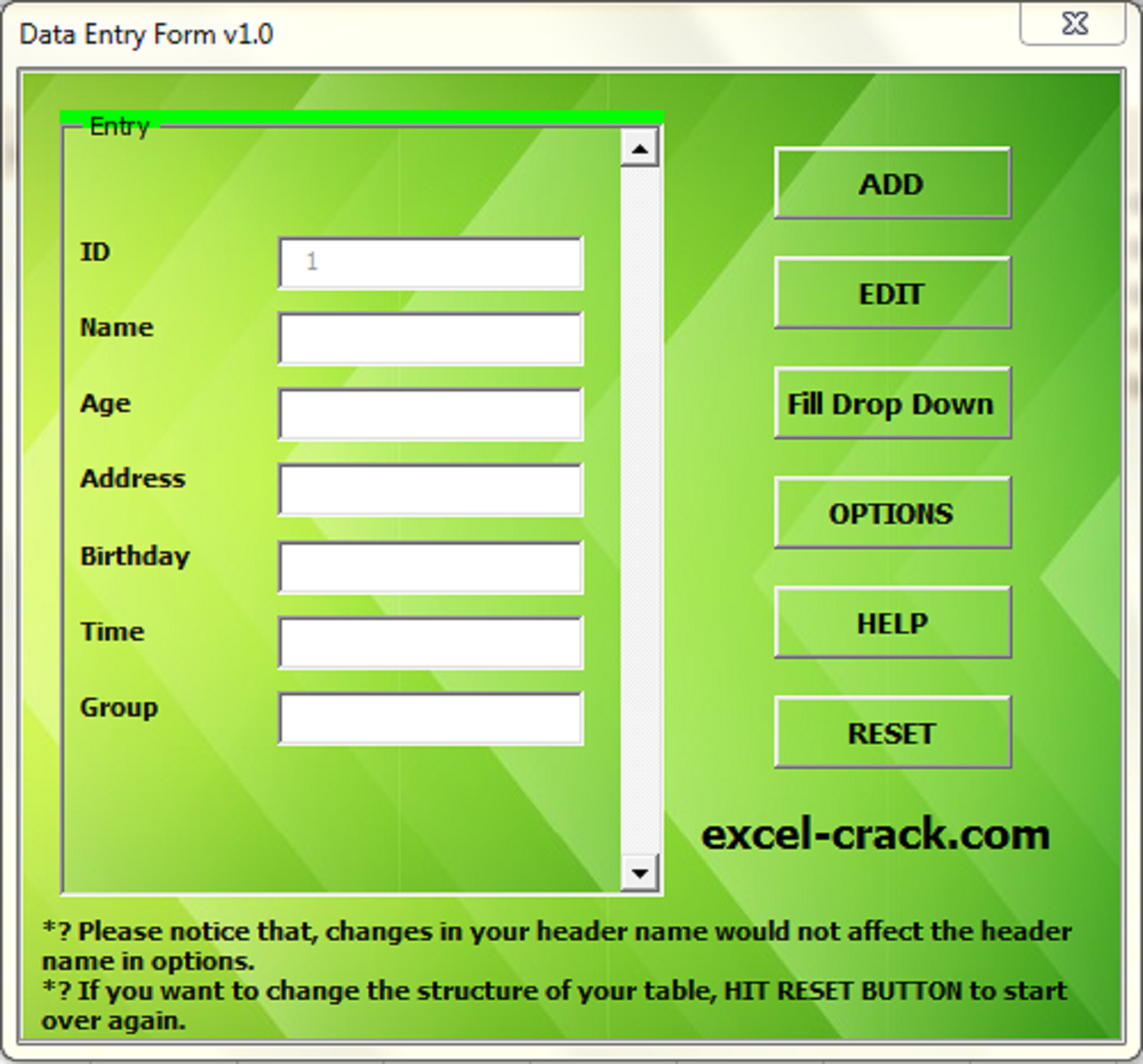 AUTOMATED DATA ENTRY FORM Excel Crack