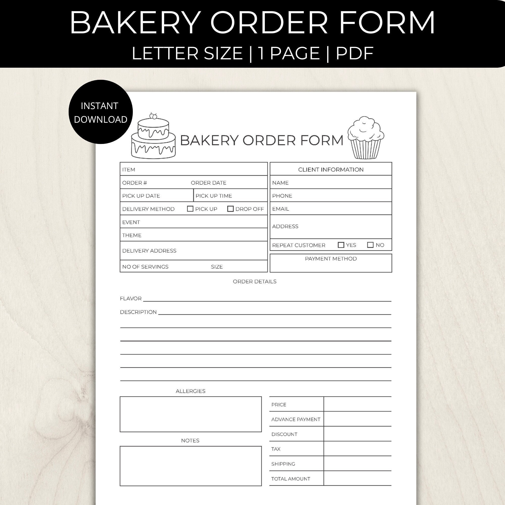 Bakery Order Form Fillable Cake Order Form Bakery Planner 