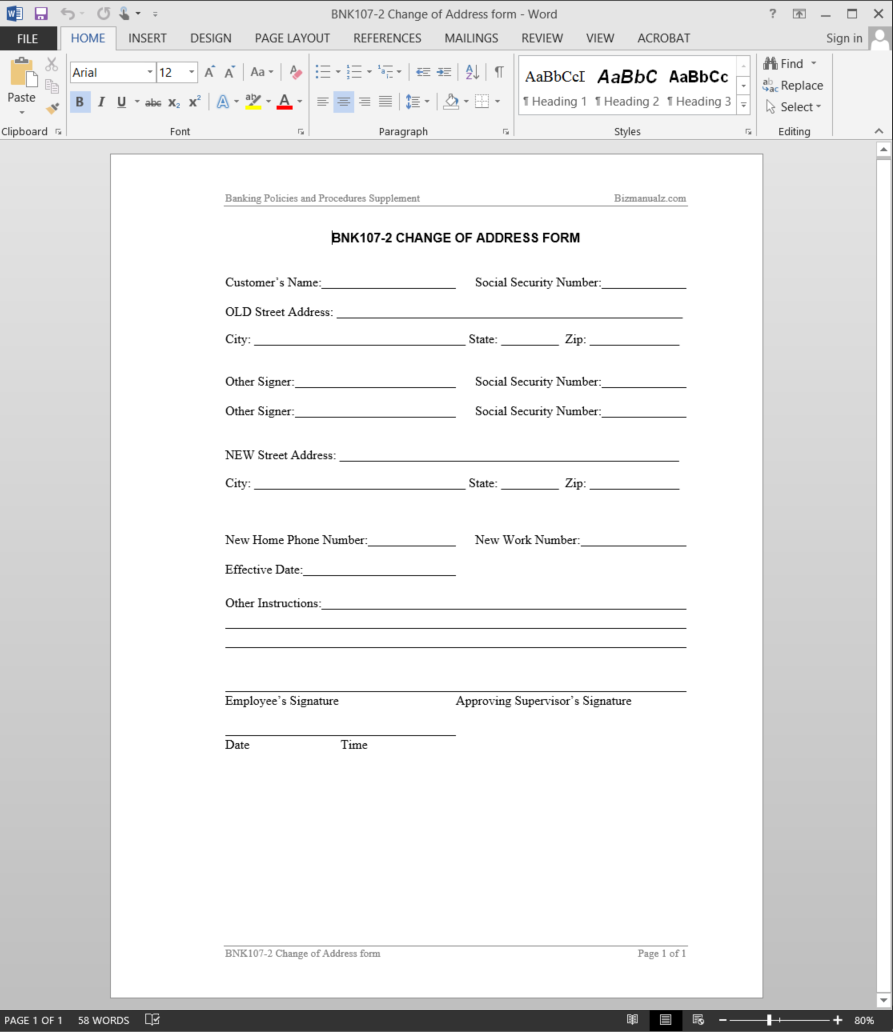 Bank Change Of Address Request Template Word
