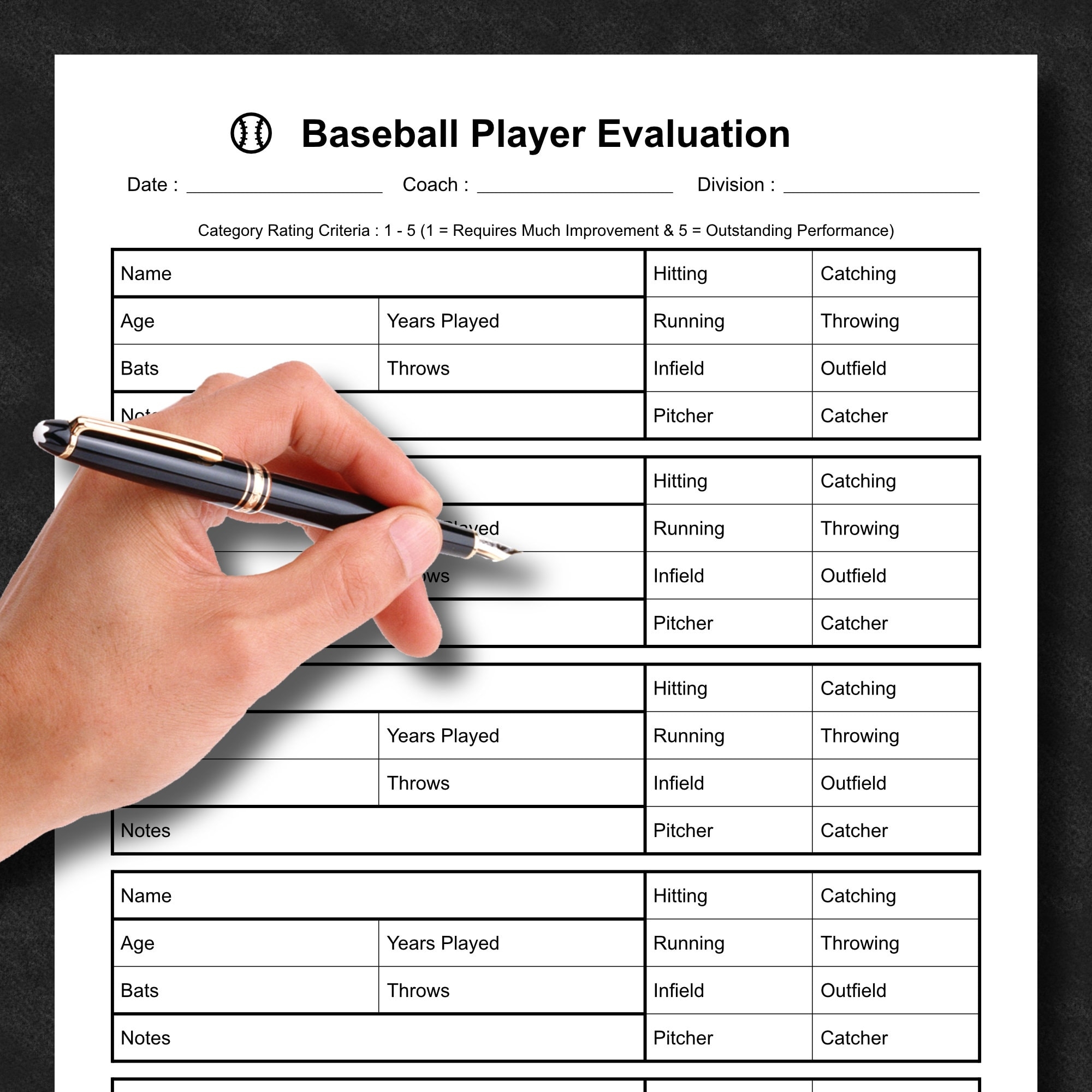 Baseball Player Evaluation Form Skills Assessment Form Tryout Form Printable PDF Instant Download Etsy Israel