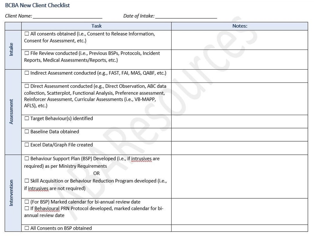 BCBA New Client Checklist Intake Checklist ABA Applied Behaviour Analysis Checklist For Bts bcbas Editable Word Doc Etsy