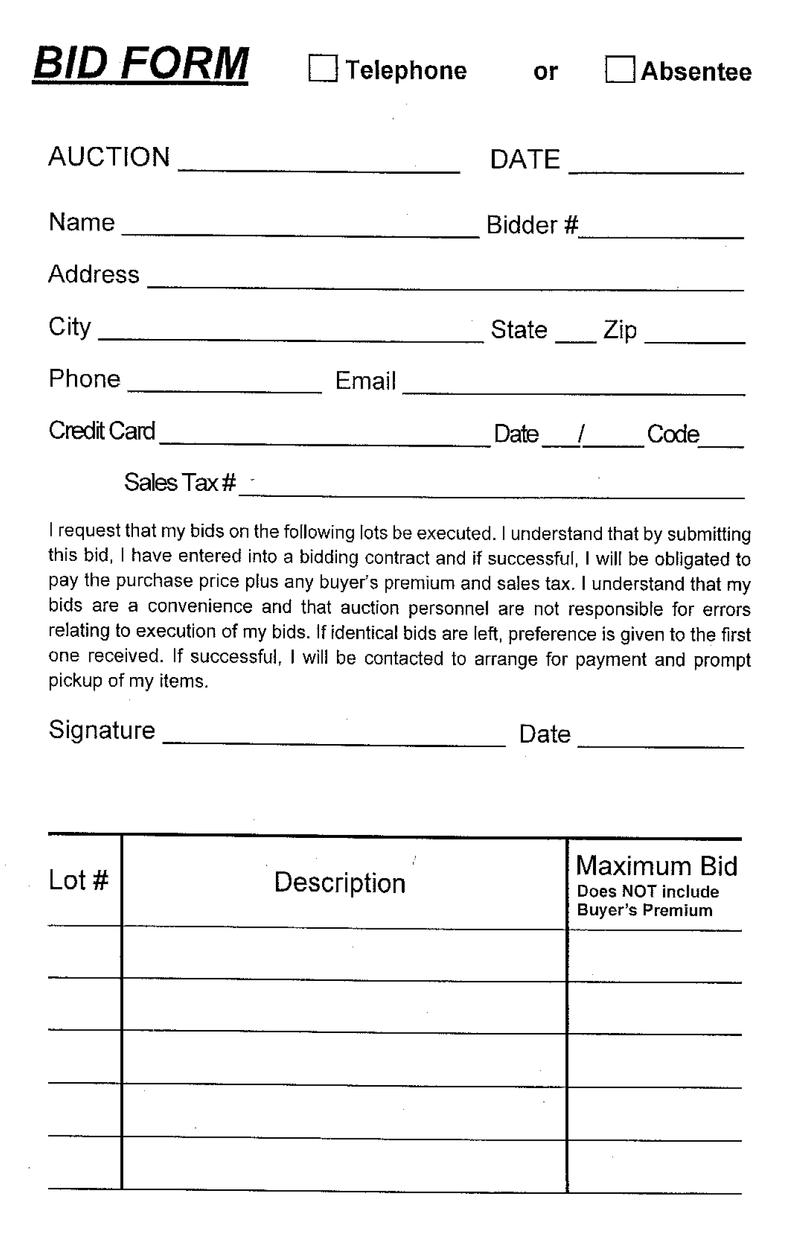 BID FORM Absentee Telephone 2 Part