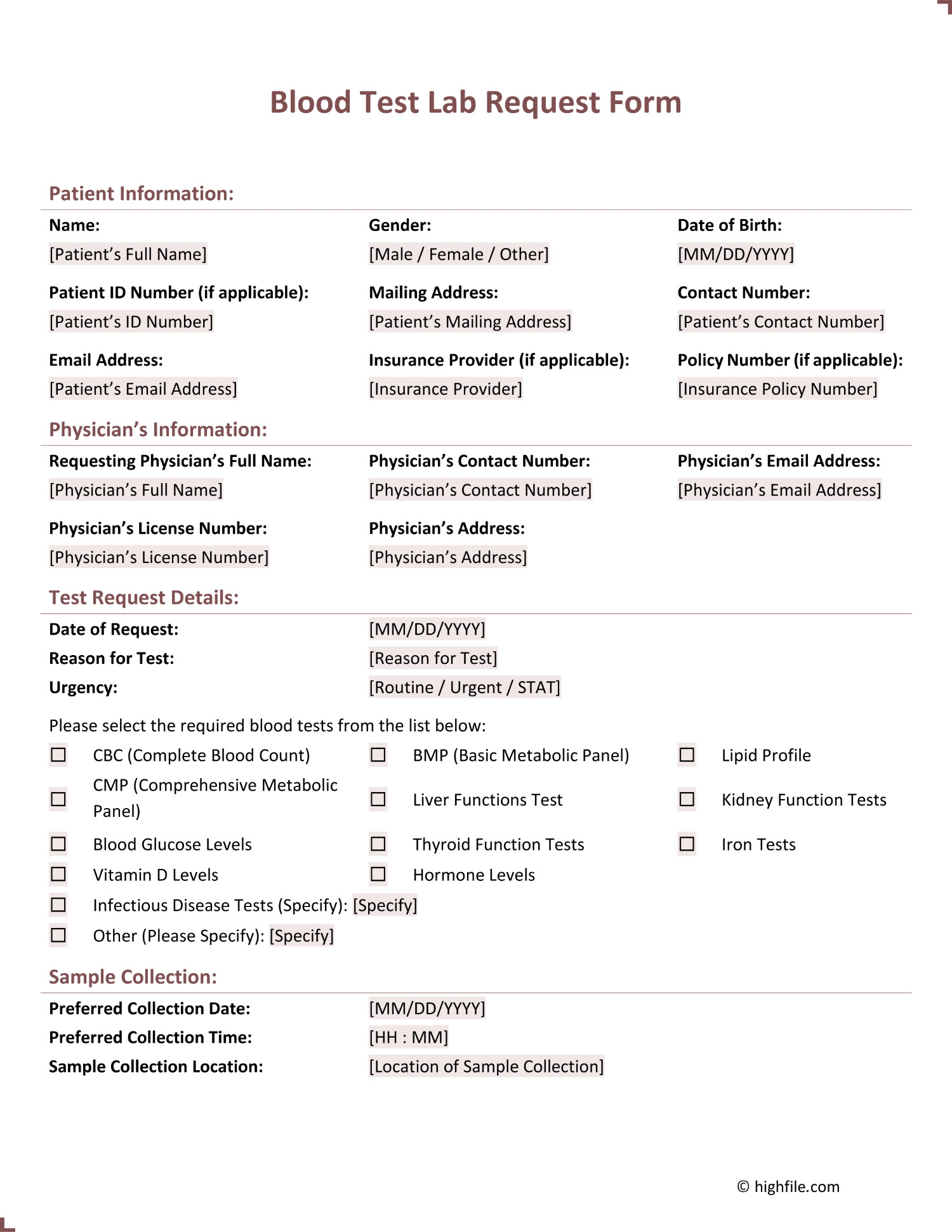 Blood Test Lab Request Form Word PDF Google Docs Highfile