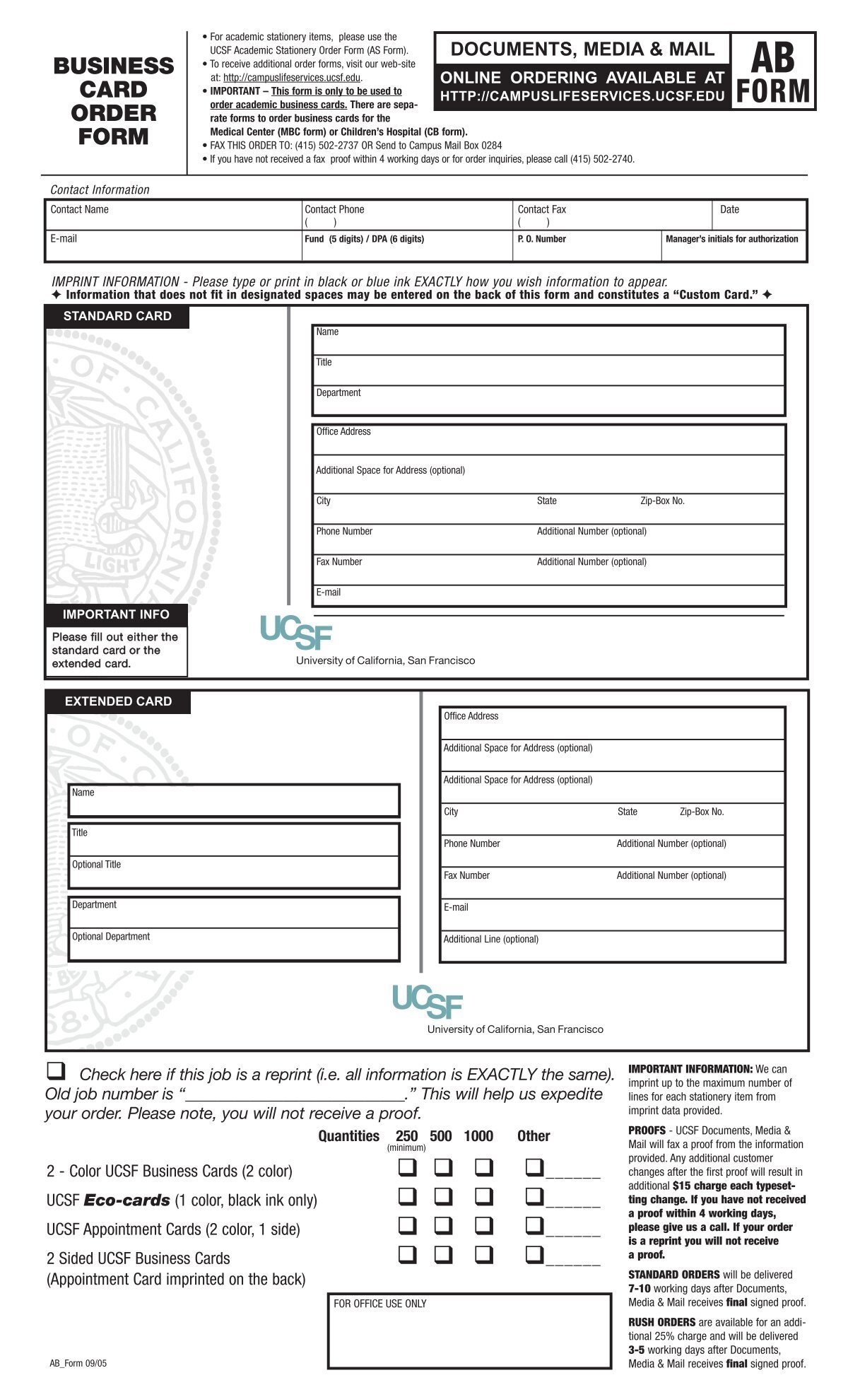 Business Card Order Form University Of California San Francisco