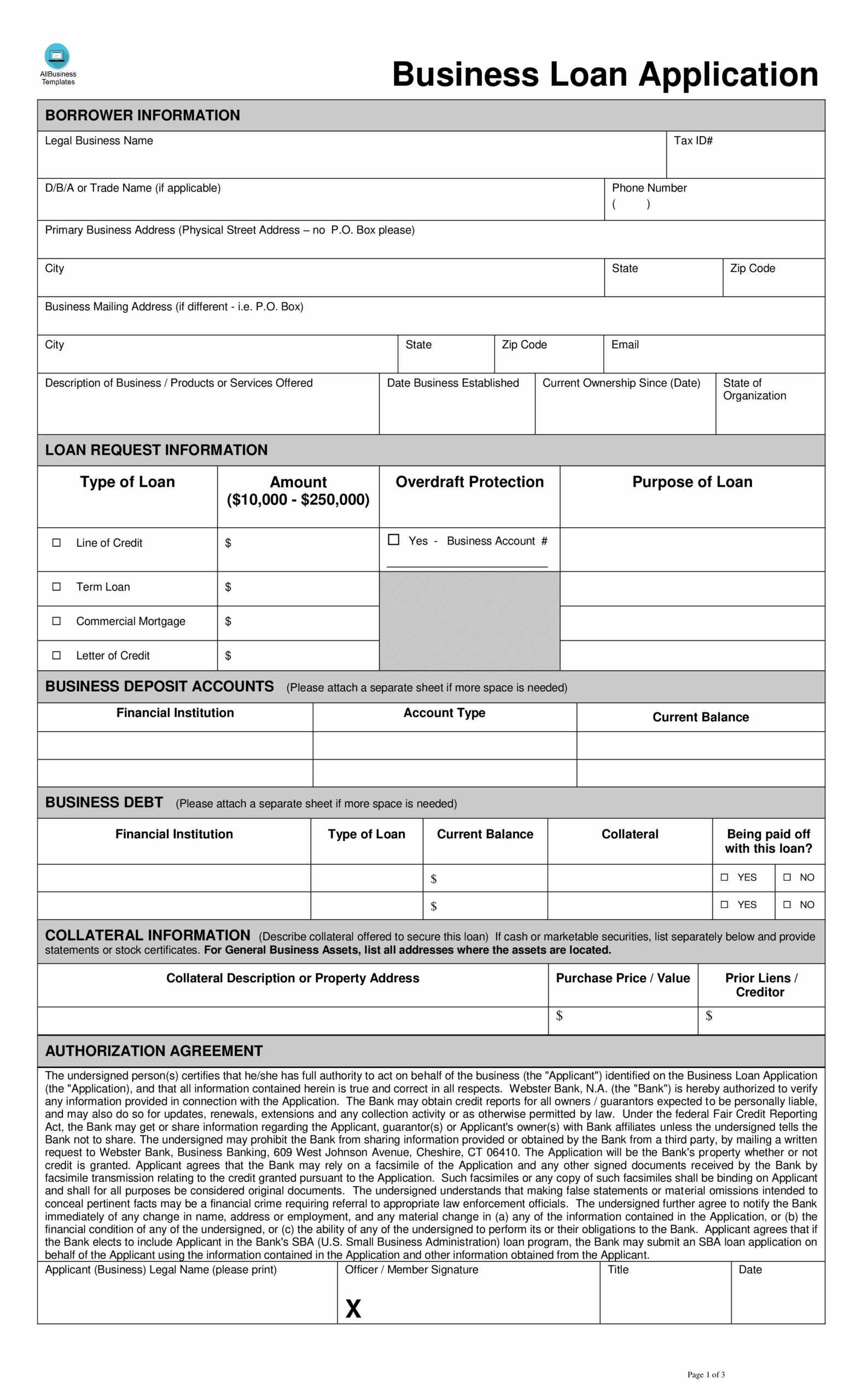 Sample Loan Application Form Template