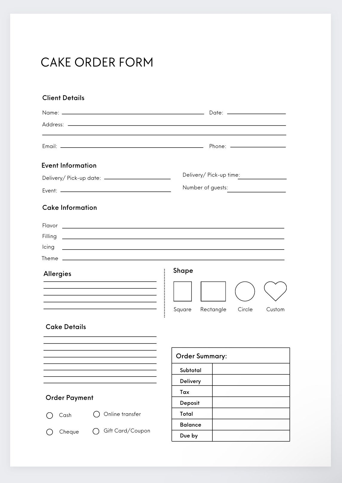 Cake Order Form bakery Cake Order Form craft Order Form small 
